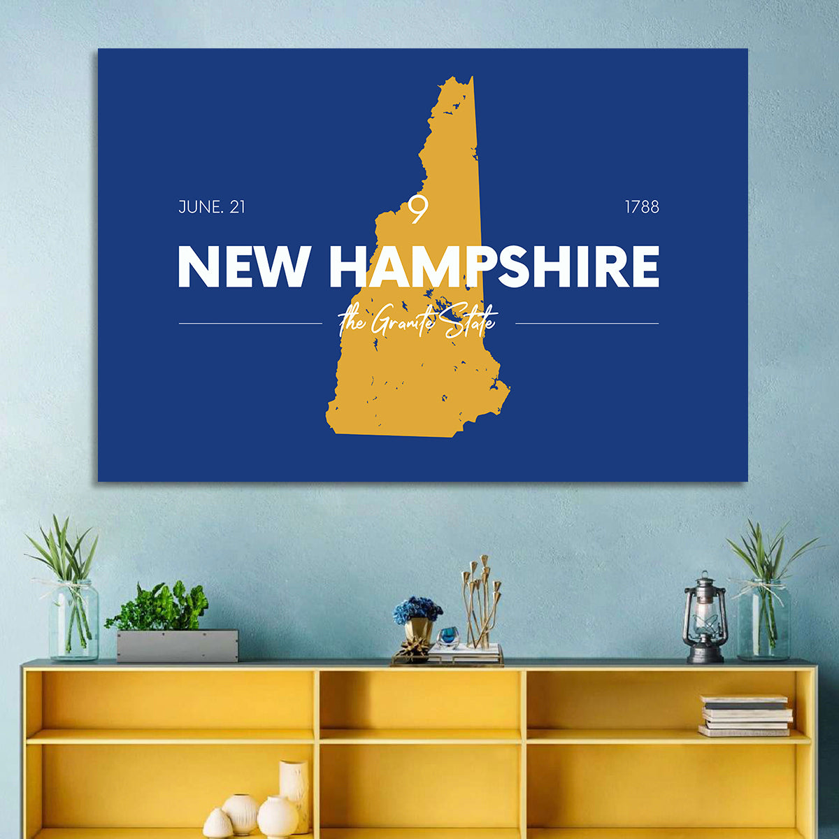 New Hampshire State Map, Blue and Gold Wall Art in a room, landscape