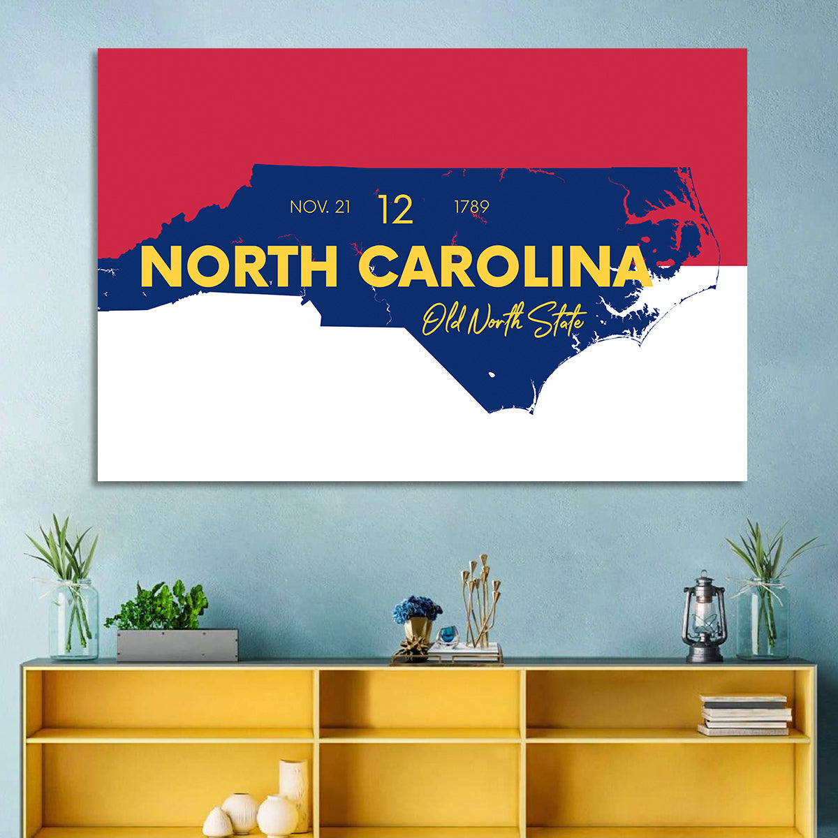 North Carolina Typographic Map Wall Art in a room, landscape