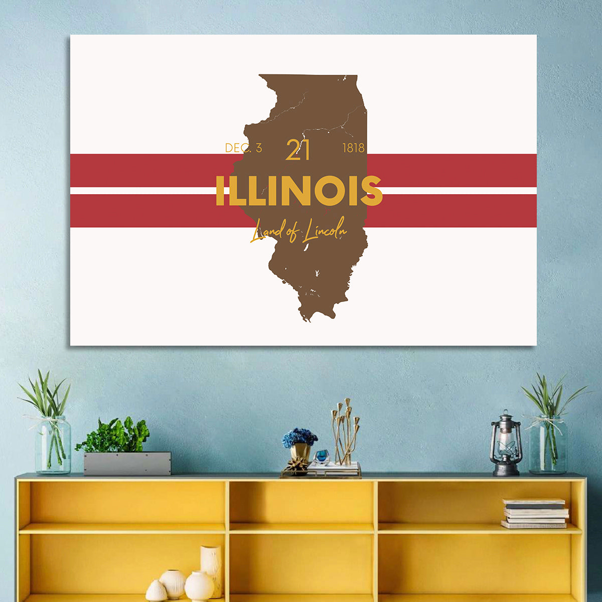 Illinois Map Land of Lincoln Wall Art in a room, landscape