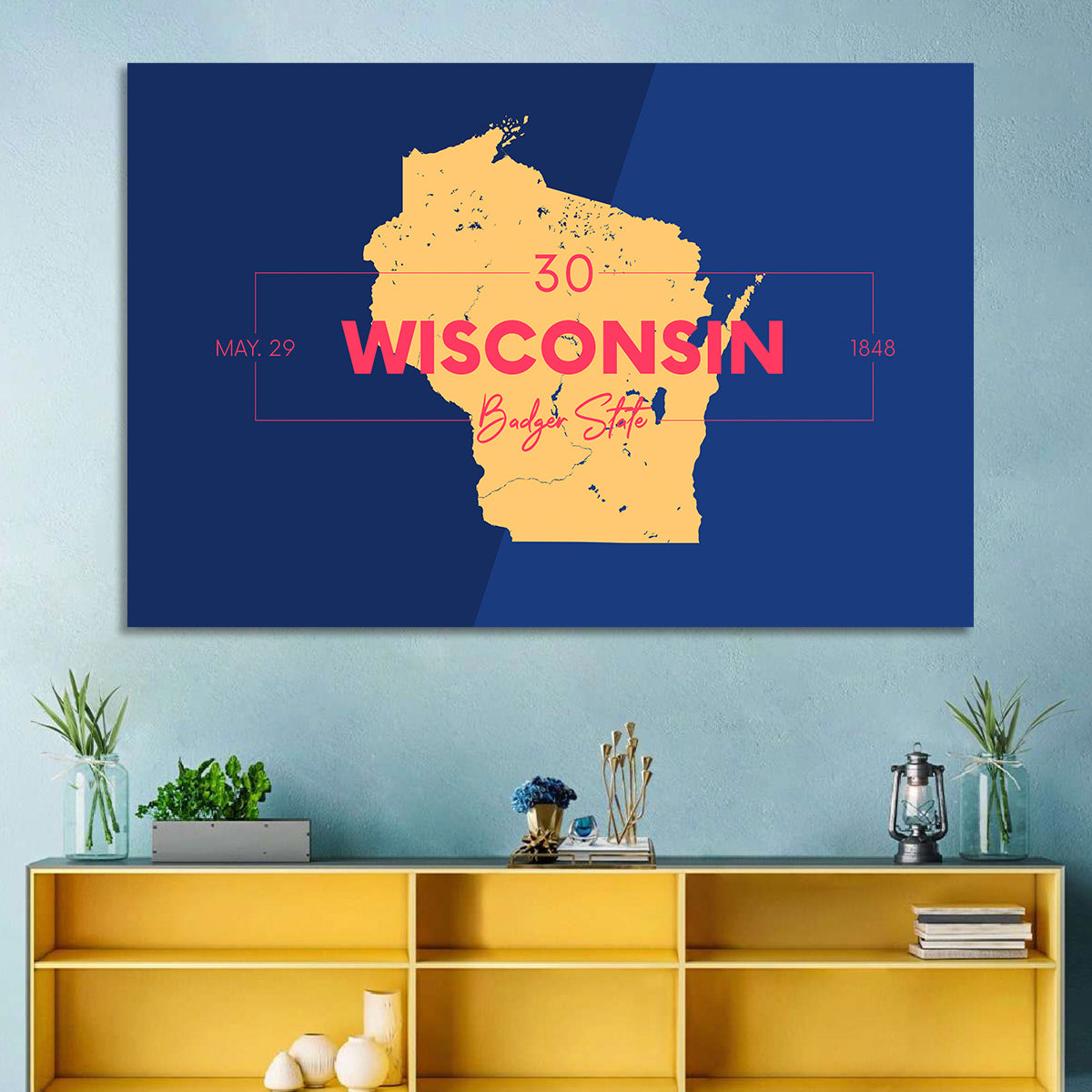 Badger State Map Wall Art in a room, landscape