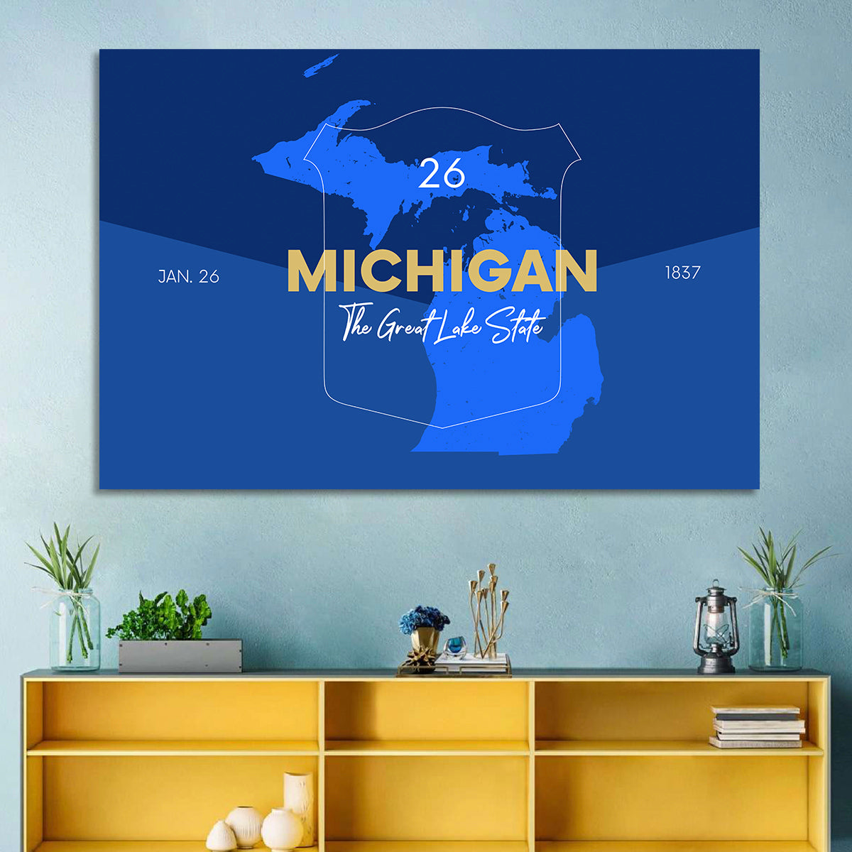 Michigan Shield Map Graphic Wall Art in a room, landscape