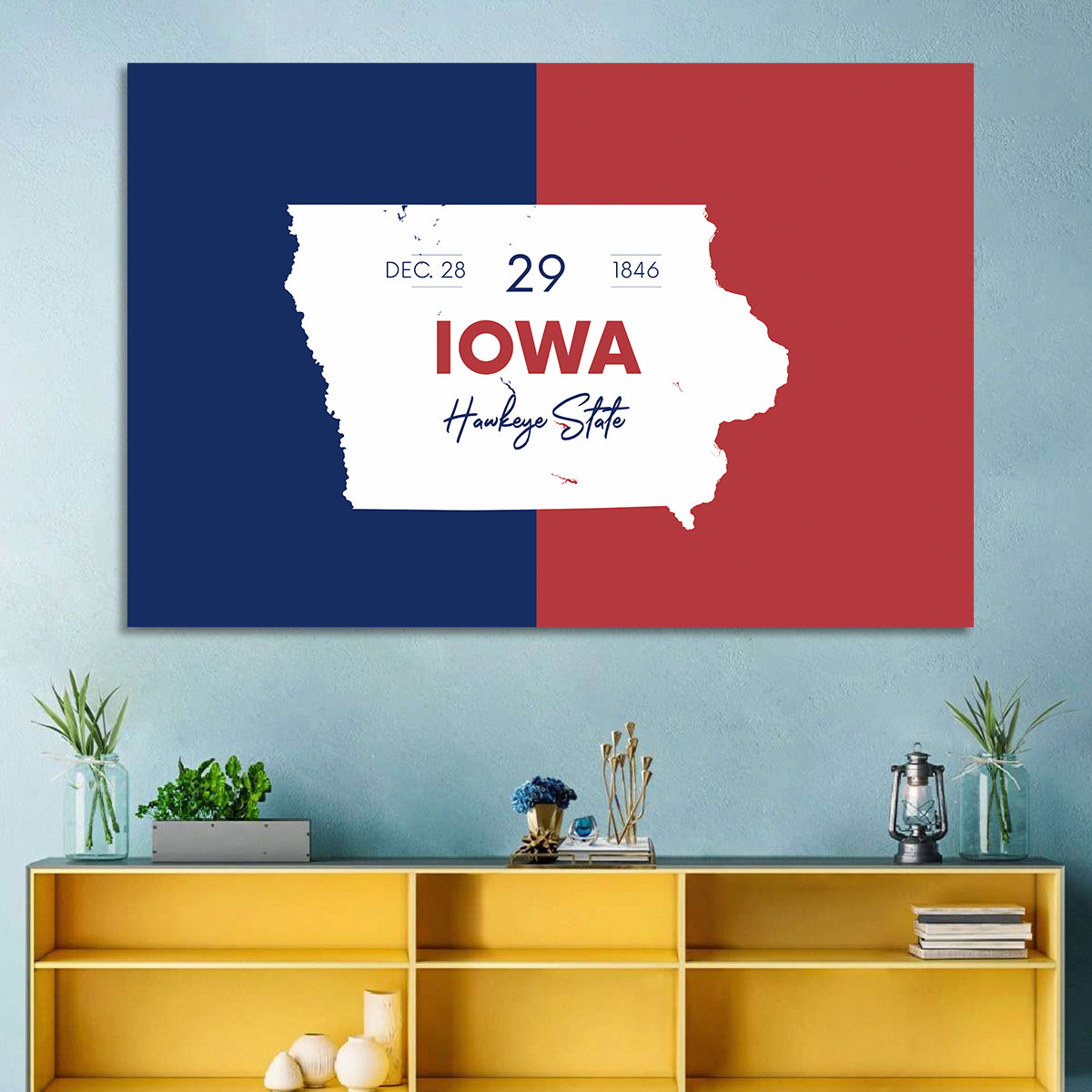 Hawkeye State Map Typography Wall Art in a room, landscape