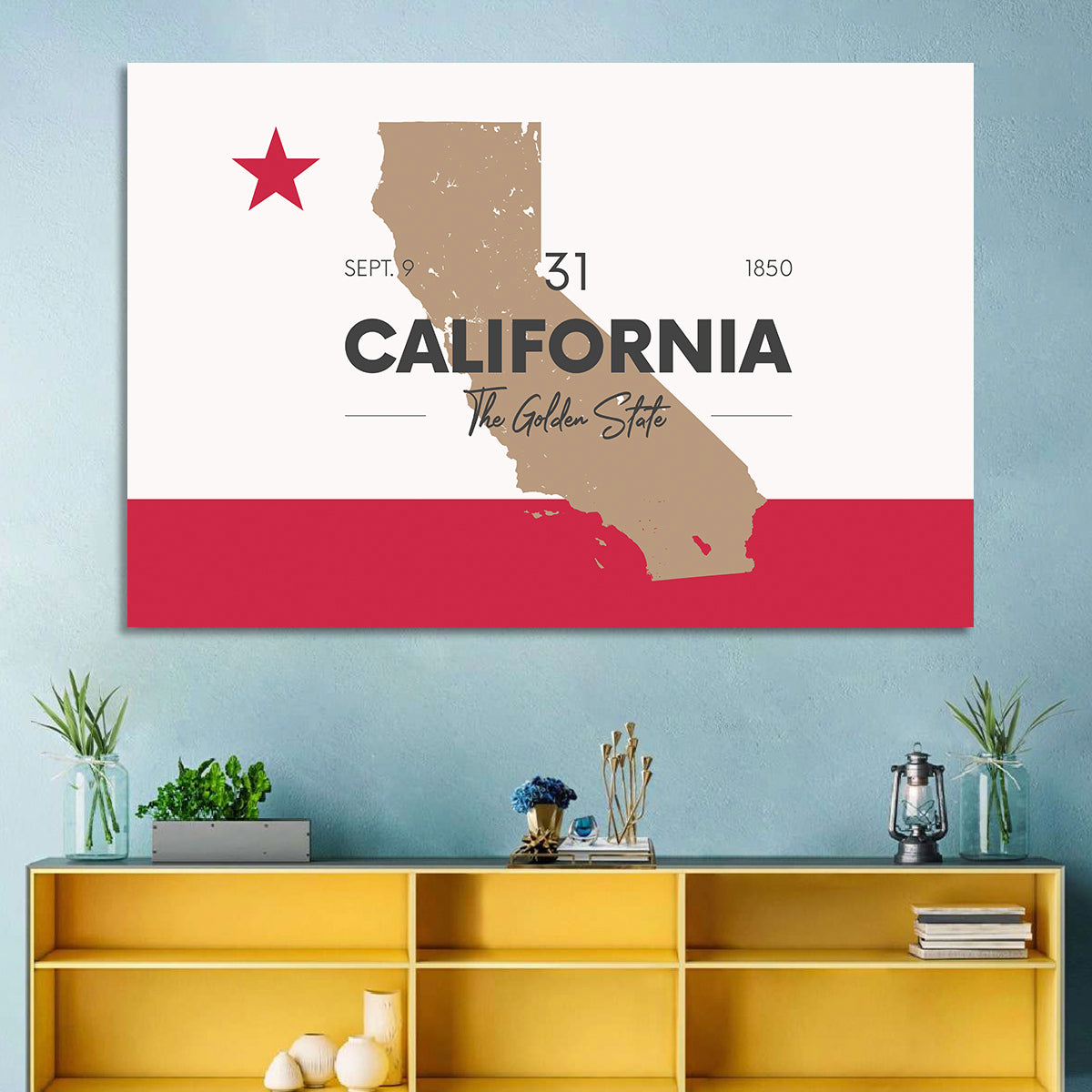 California Map with Red Star Wall Art
