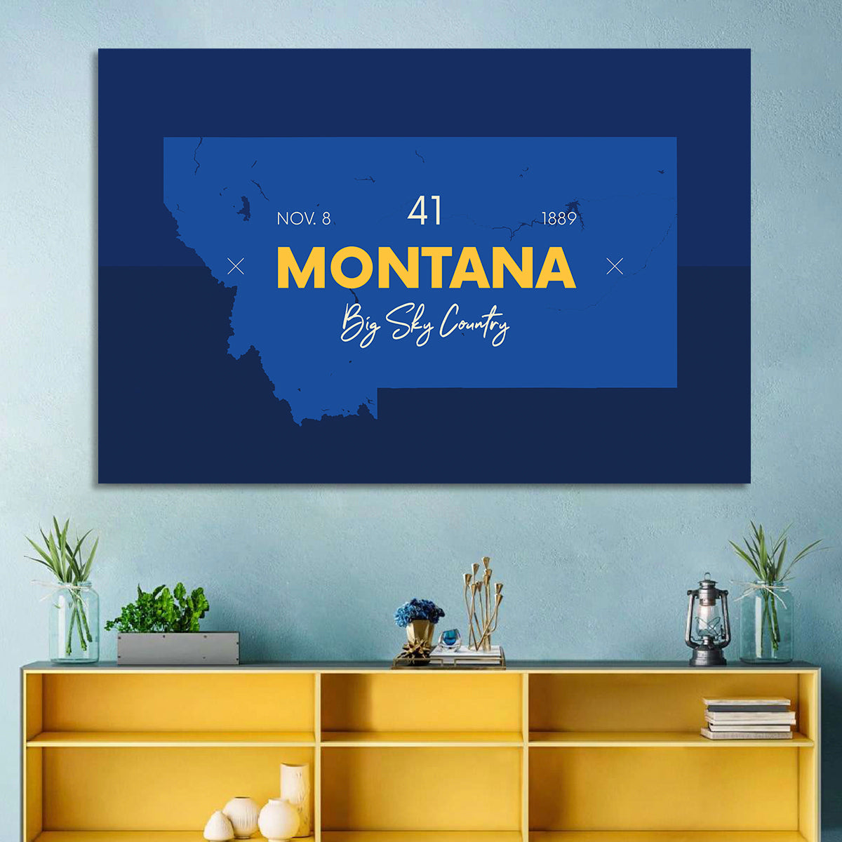 Montana Map Typography Big Sky Country Wall Art in a room, landscape