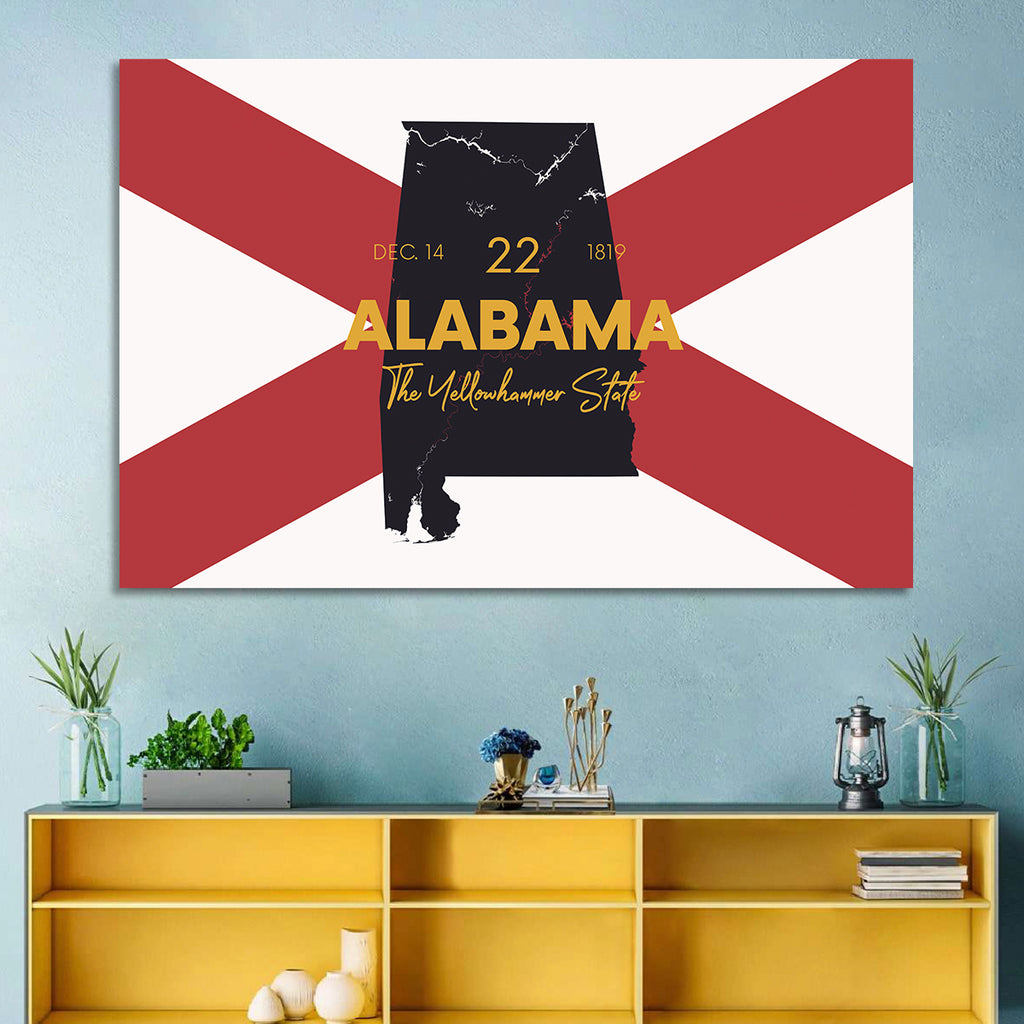 Alabama Map Over State Flag Wall Art