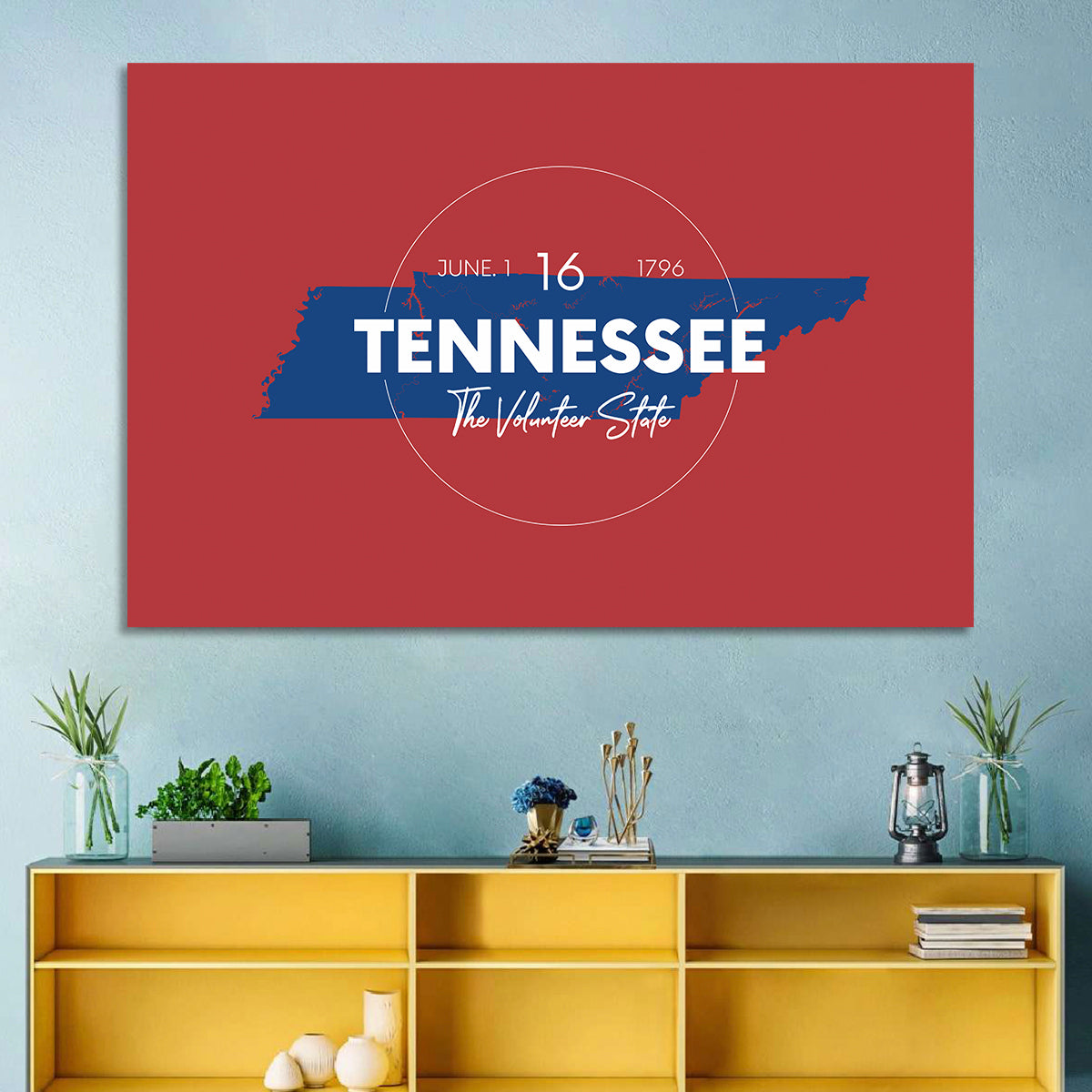 Tennessee Typographic Map Wall Art in a room, landscape