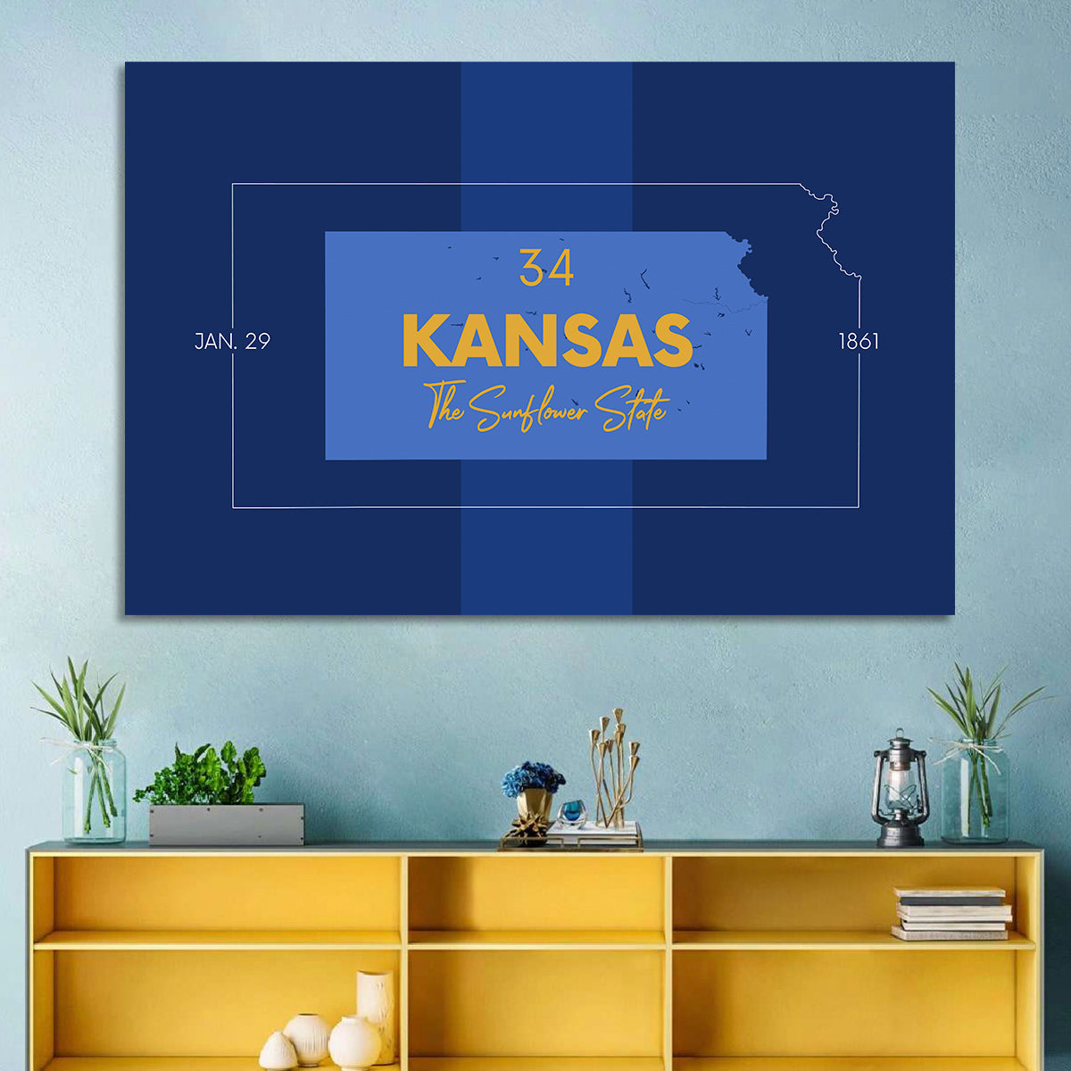 Kansas Typographic Map, Blue and Gold Wall Art