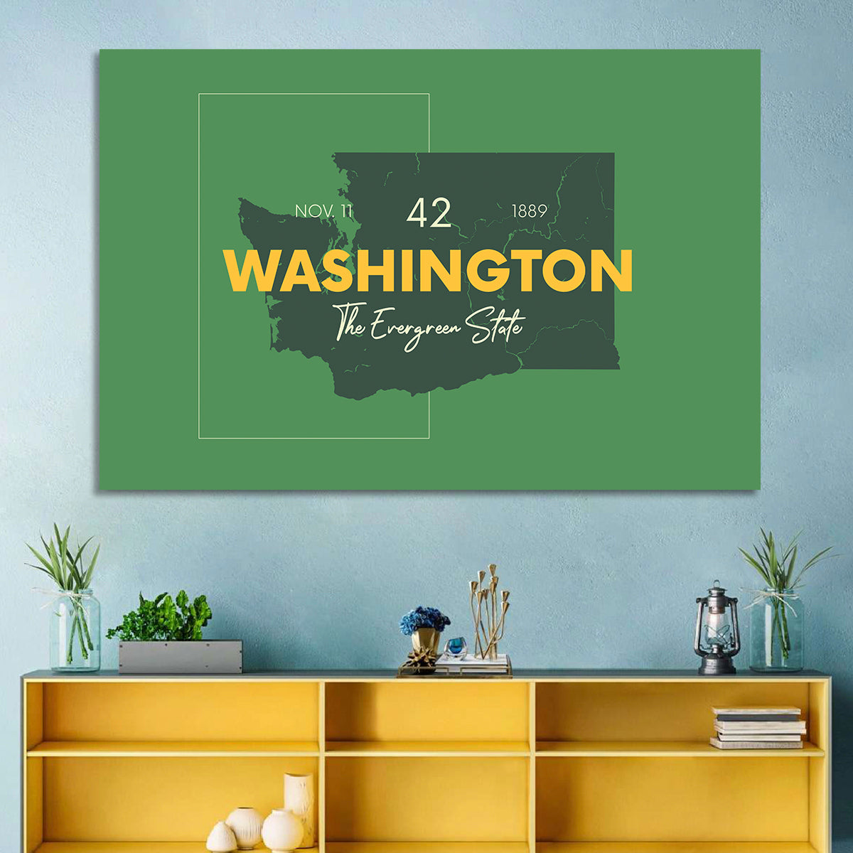 Minimalist Washington State Map Wall Art in a room, landscape