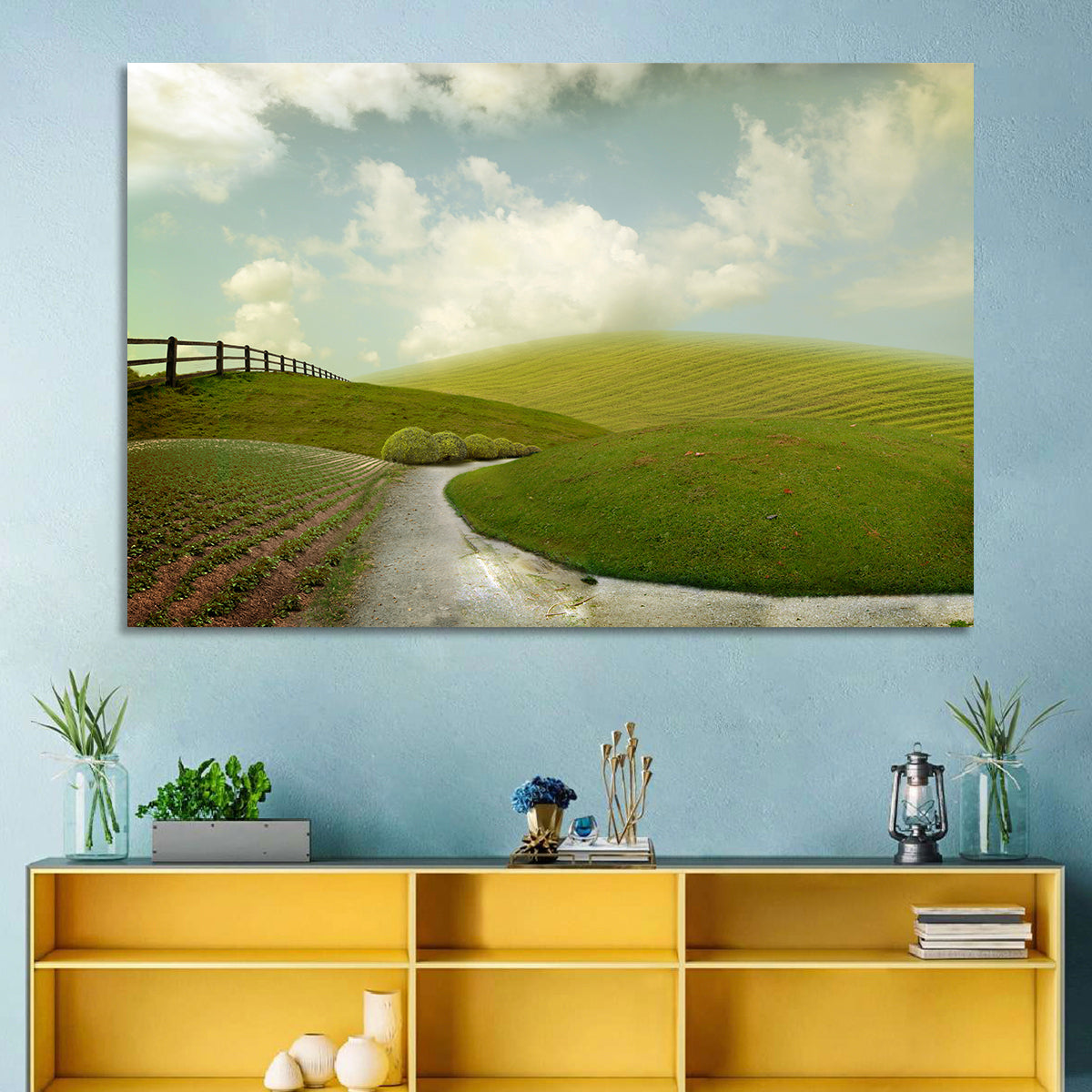 Winding Road Through Rolling Hills Wall Art in a room, landscape