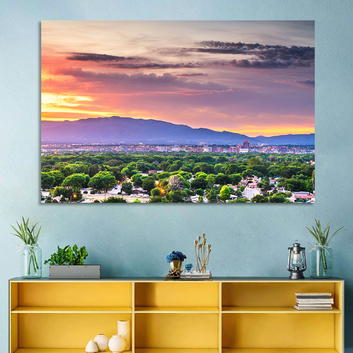 Albuquerque Skyline at Dusk Wall Art in a room, landscape