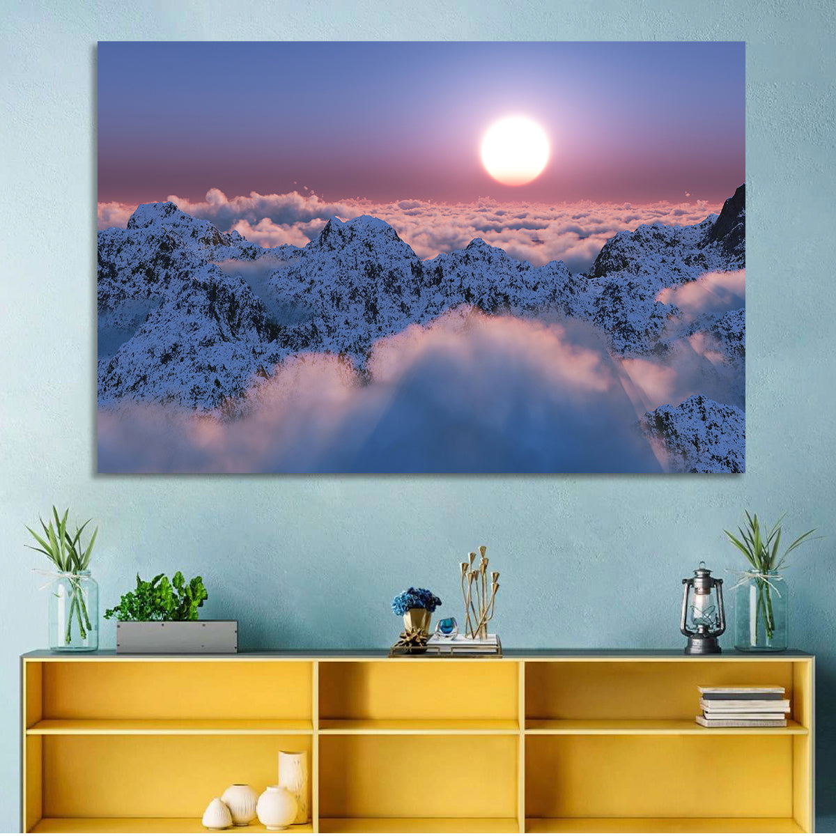 Sunset Above Snowy Mountains Wall Art in a room, landscape