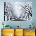 Snowy Road with Distant Headlights Wall Art