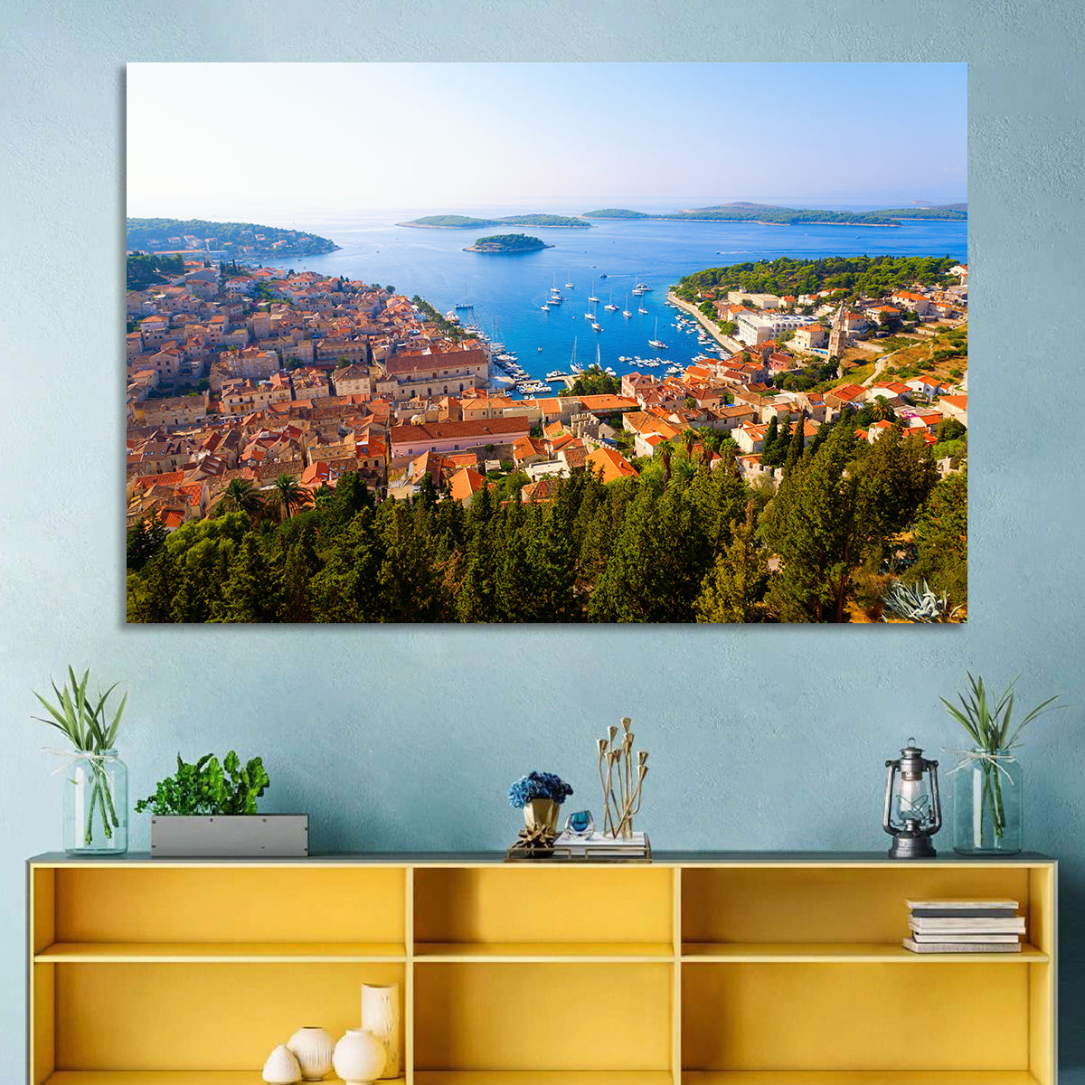 Hvar Harbor Aerial View Wall Art in a room, landscape