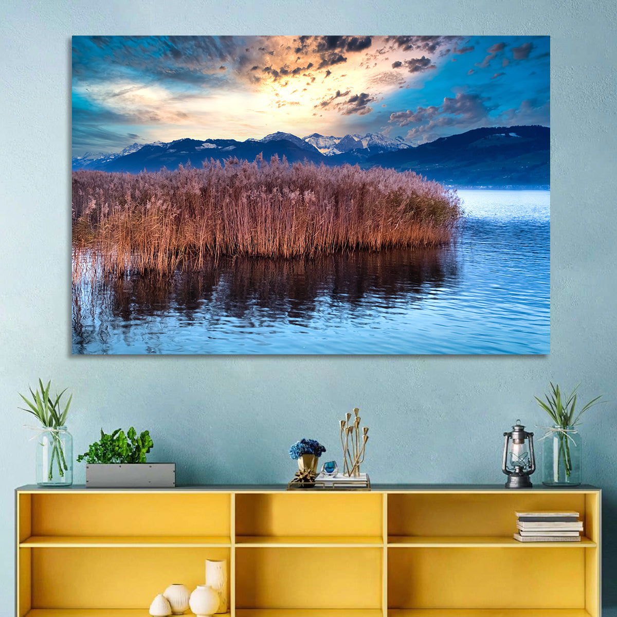 Lake Obersee Reeds at Dusk Wall Art in a room, landscape