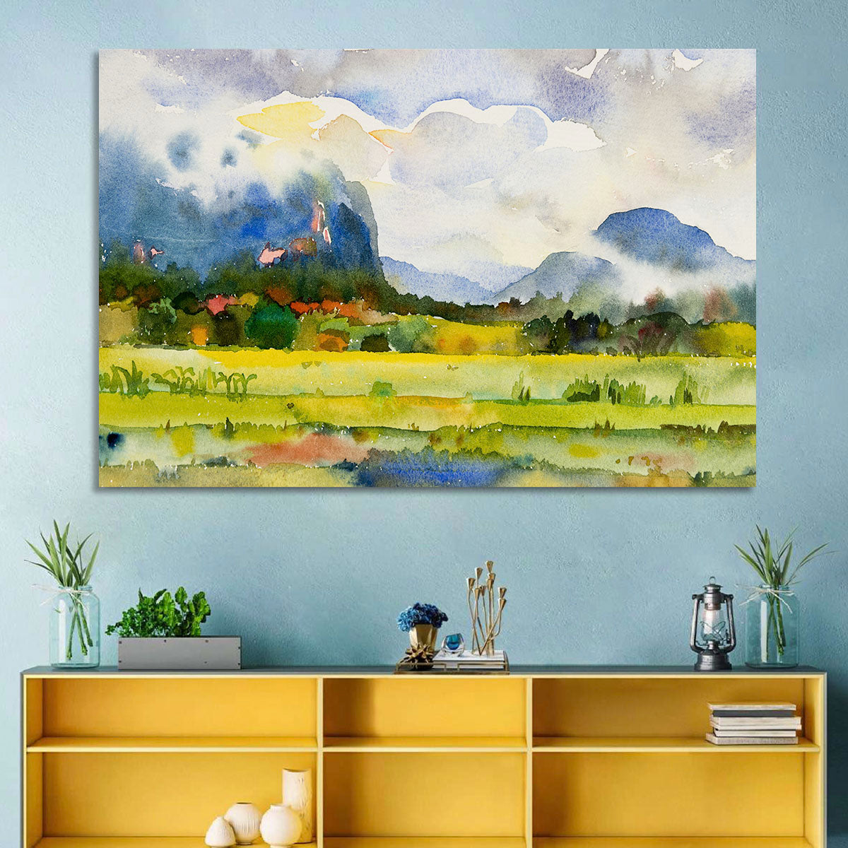Summer Meadow Watercolor Landscape Wall Art in a room, landscape