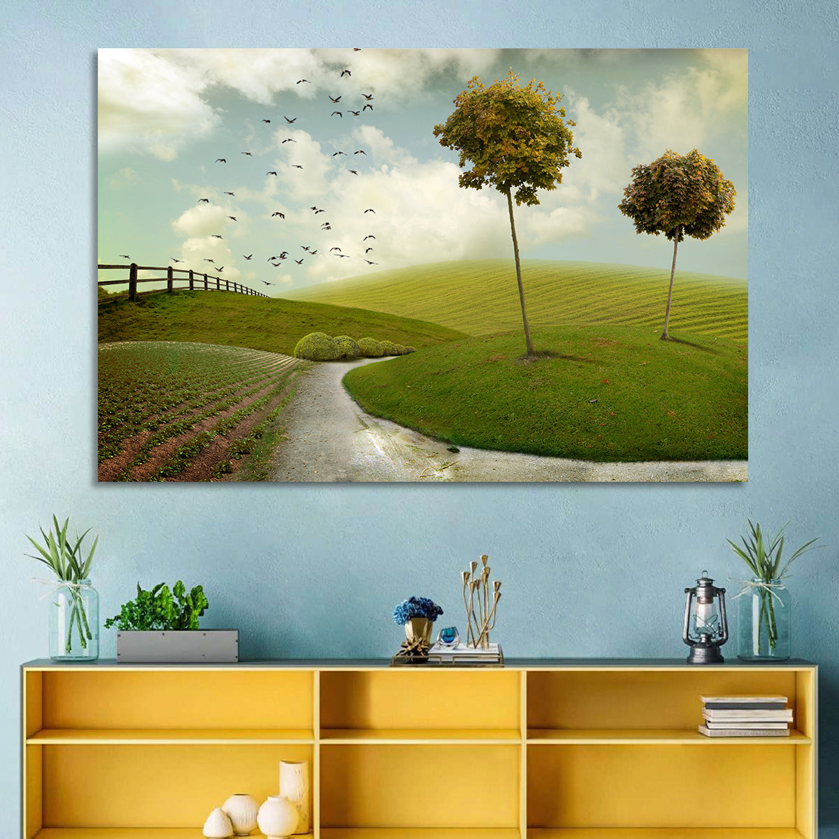 Serene Green Hills Pathscape Wall Art in a room, landscape