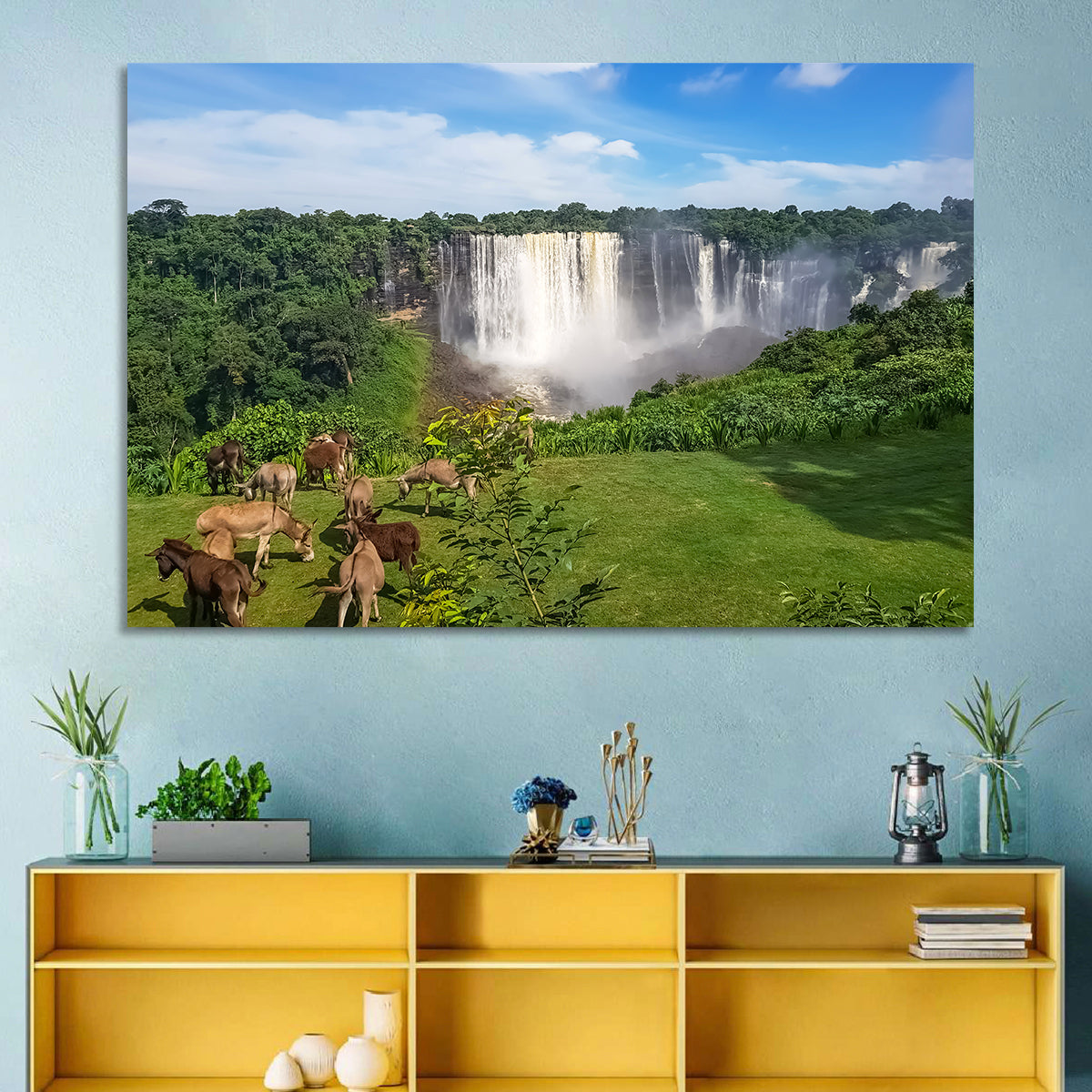 Kalandula Falls and Grazing Donkeys Wall Art in a room, landscape
