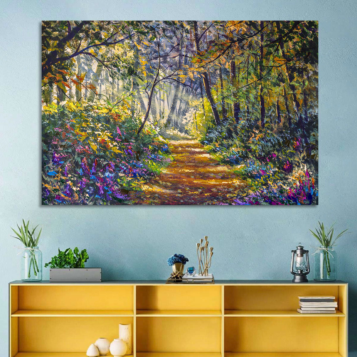 Sunlit Forest Path with Wildflowers Wall Art