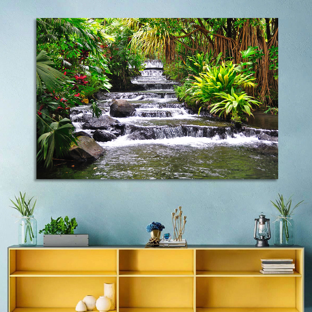 Tabacon Tiered Hot Springs Waterfall Wall Art in a room, landscape