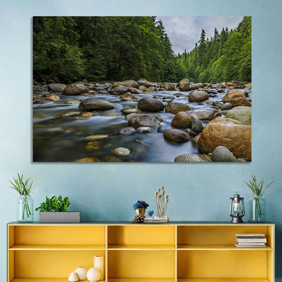 Lynn Canyon Riverbed Forest Wall Art in a room, landscape