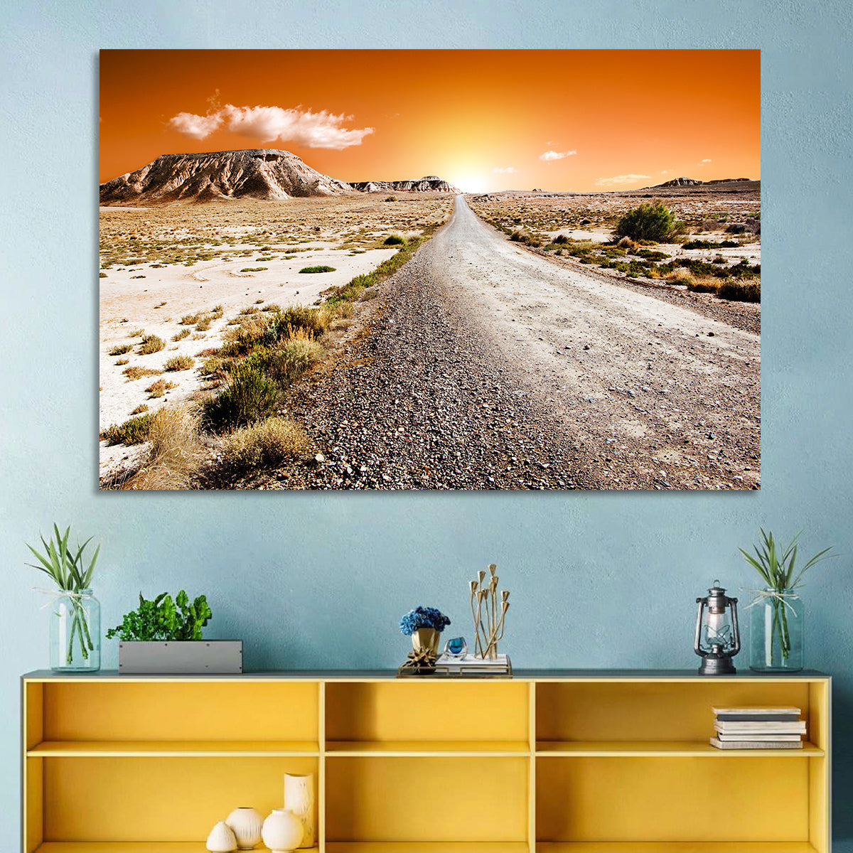 Infinite Desert Road Wall Art in a room, landscape