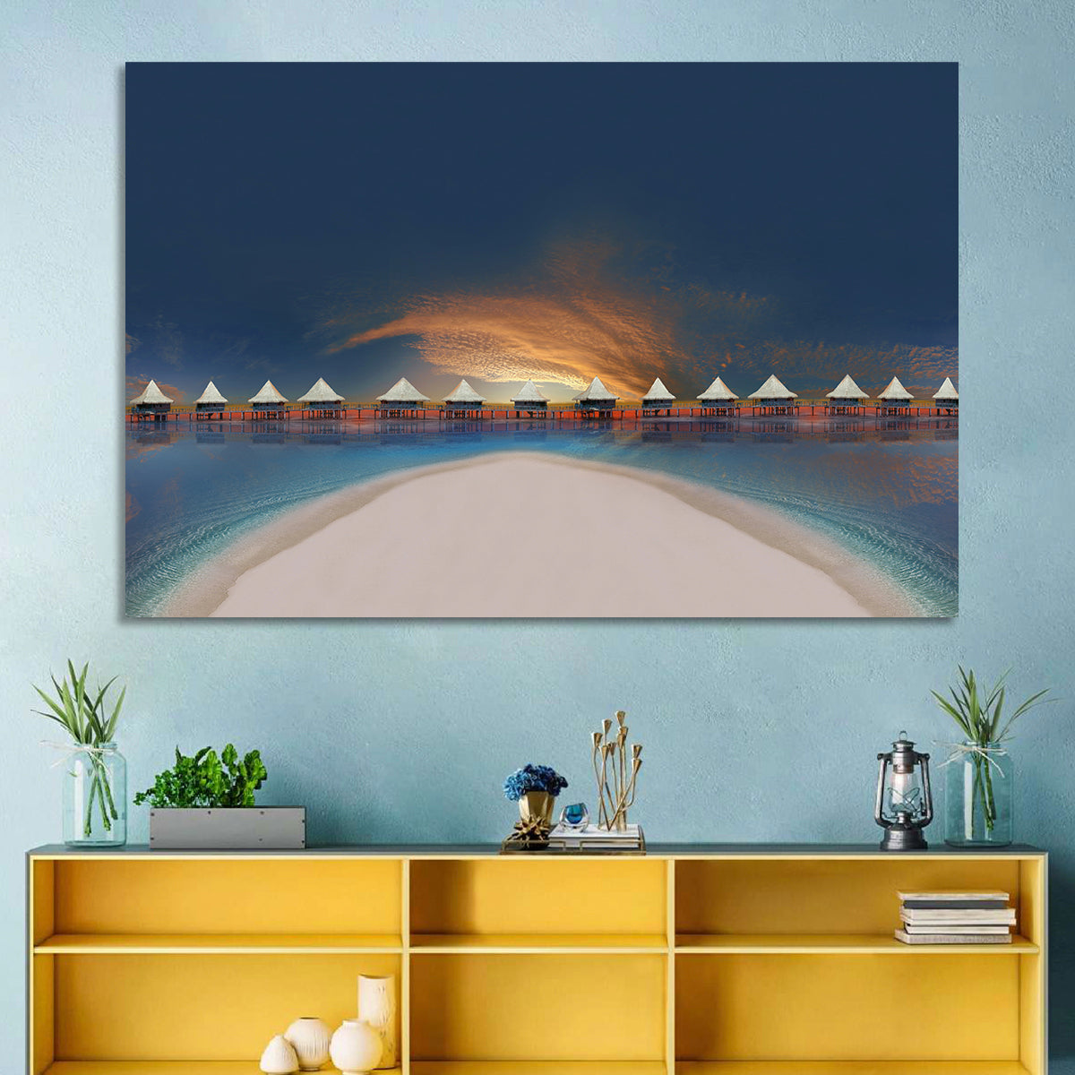 Overwater Bungalows at Golden Dusk Wall Art