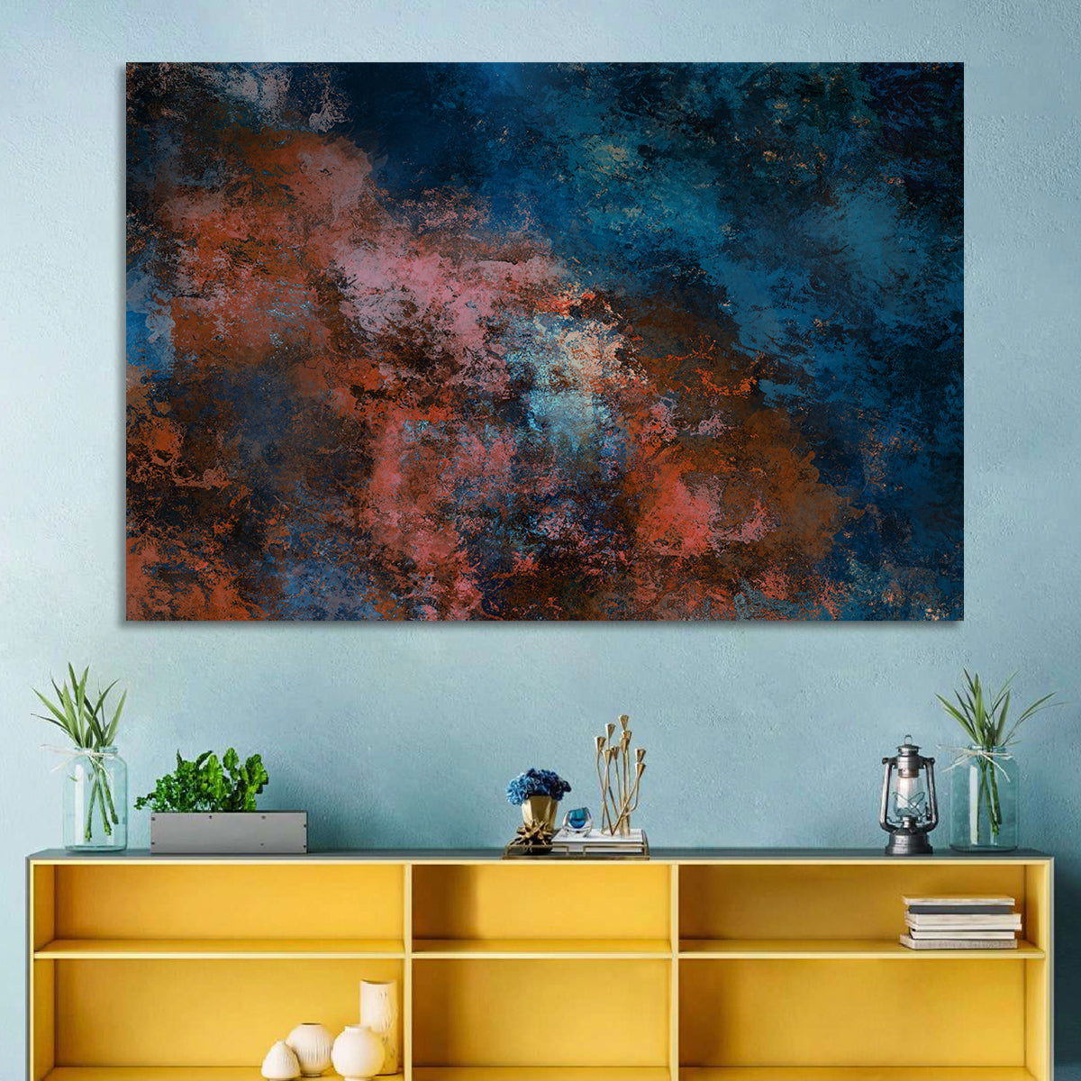 Blue to Rust Color Field Wall Art in a room, landscape