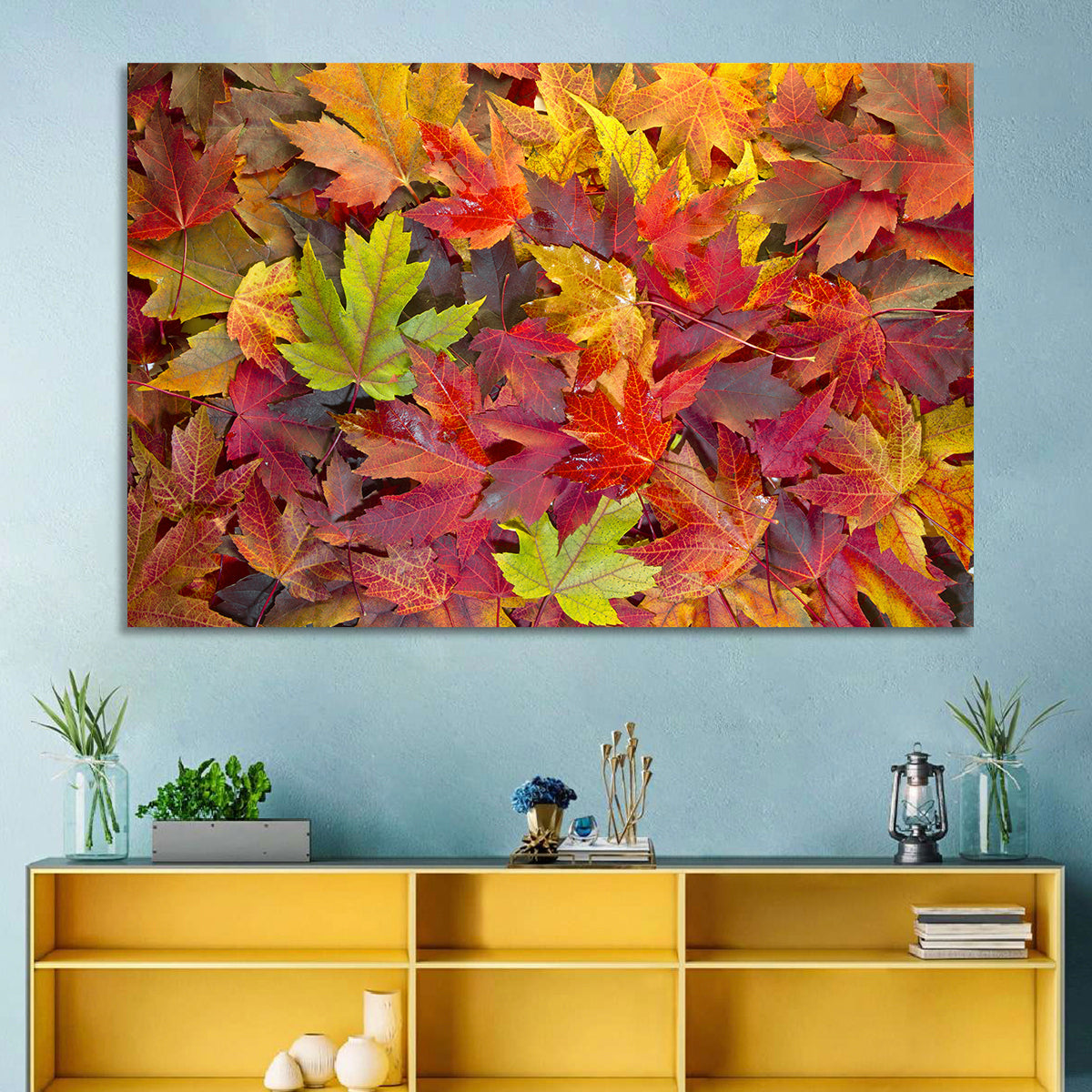 Autumn Maple Leaves Close-up Wall Art in a room, landscape