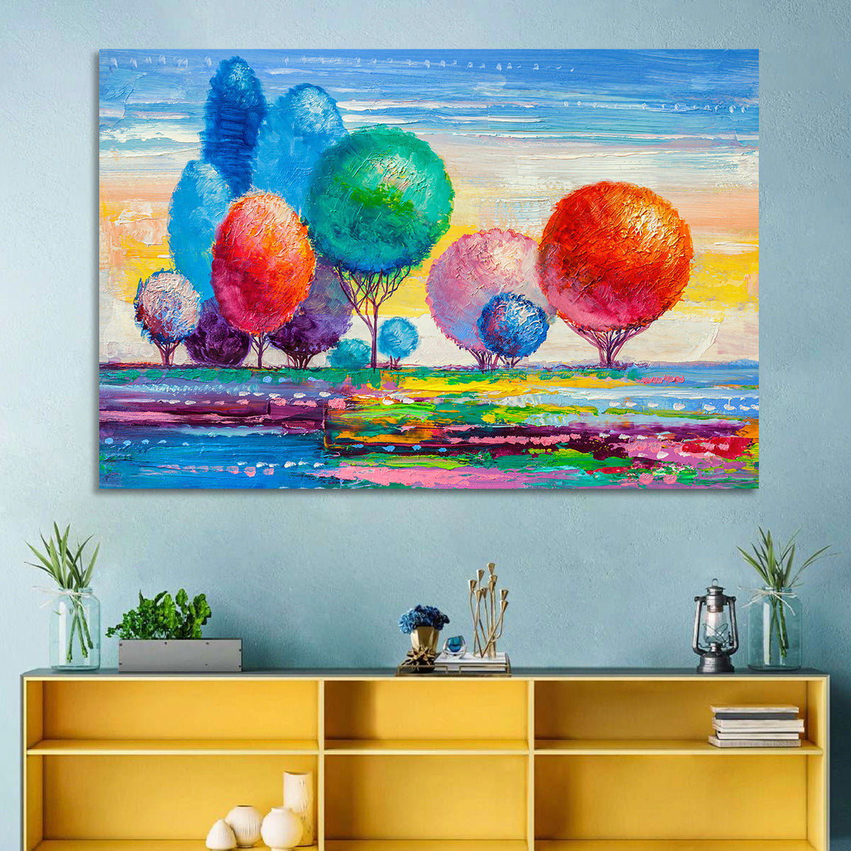 Autumn Trees at Sunset Wall Art in a room, landscape