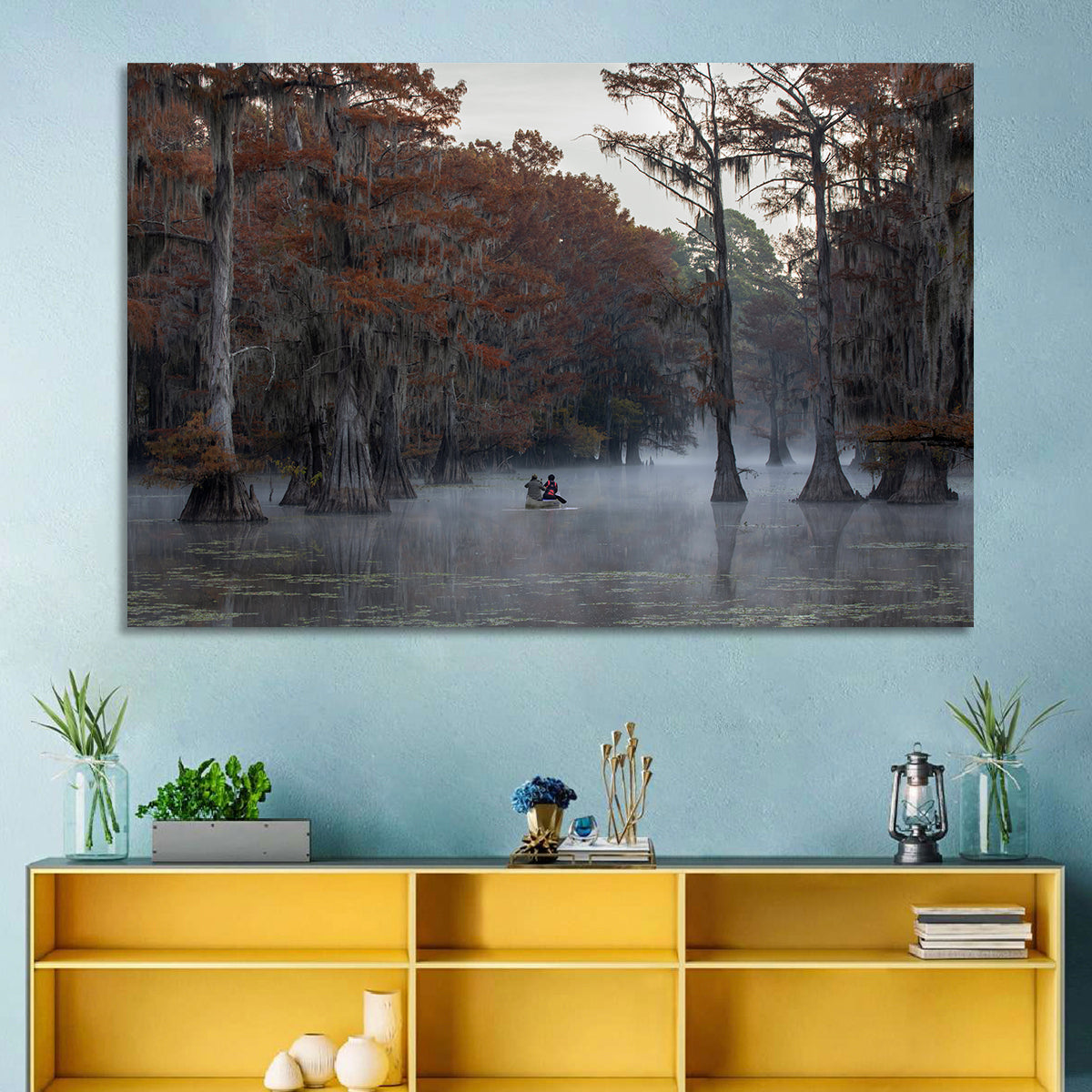 Caddo Lake Morning Mist Wall Art in a room, landscape