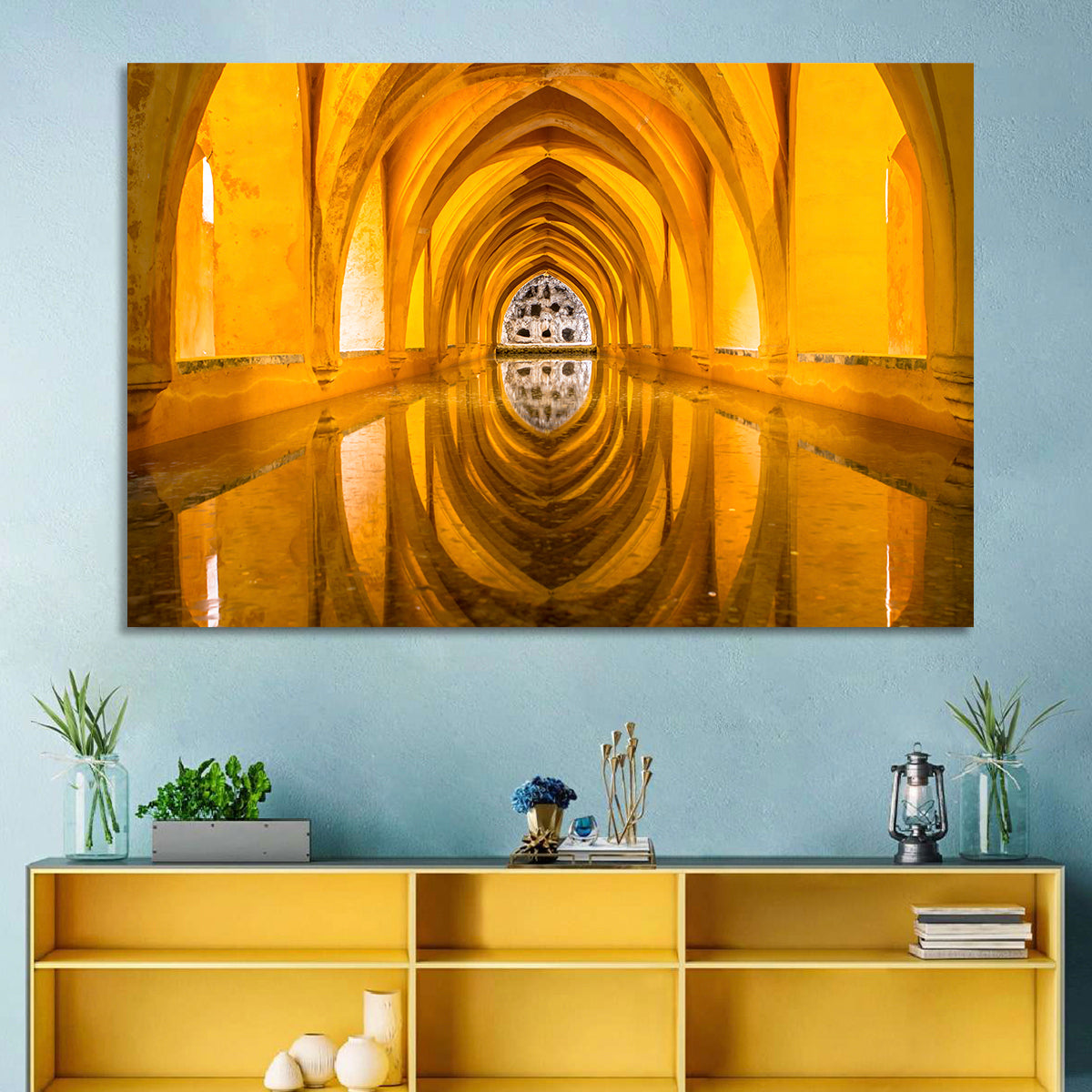 Royal Alcázar Bath Reflections Wall Art in a room, landscape