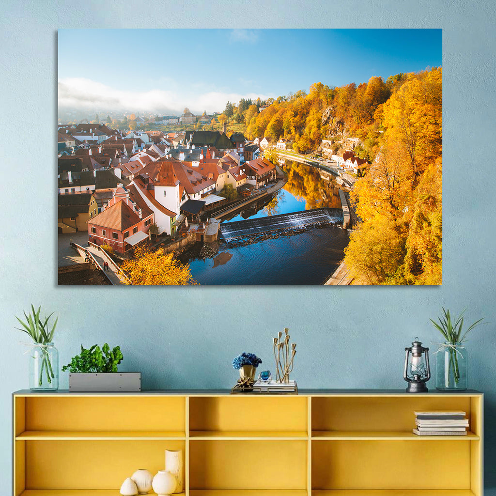 Český Krumlov River Weir in Autumn Wall Art