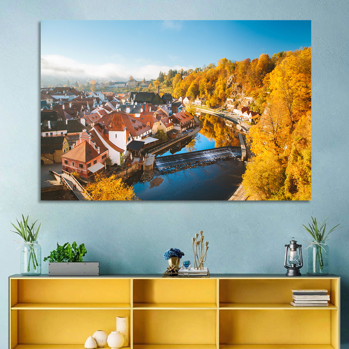 Český Krumlov River Weir in Autumn Wall Art in a room, landscape