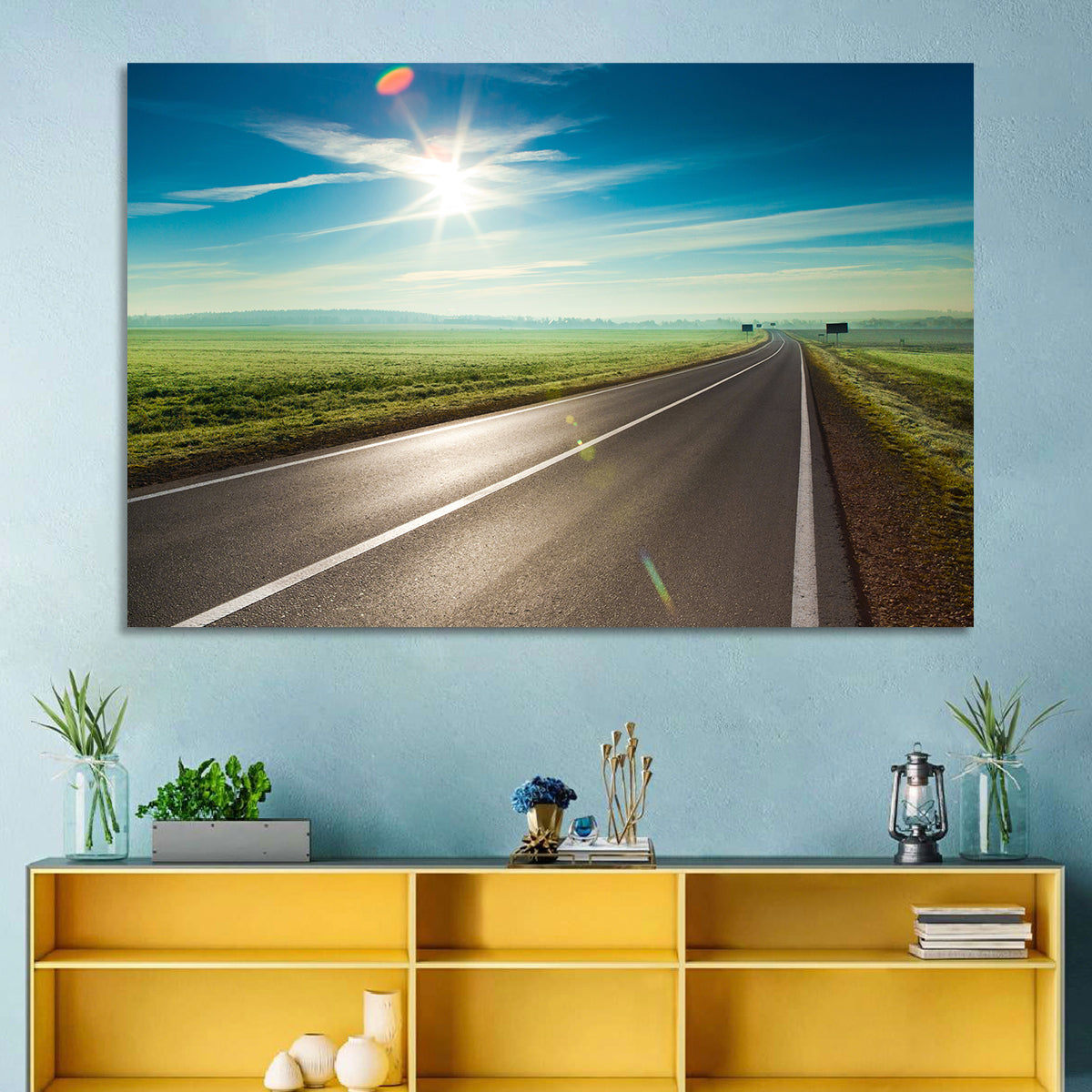 Sunlit Road Through Green Field Wall Art
