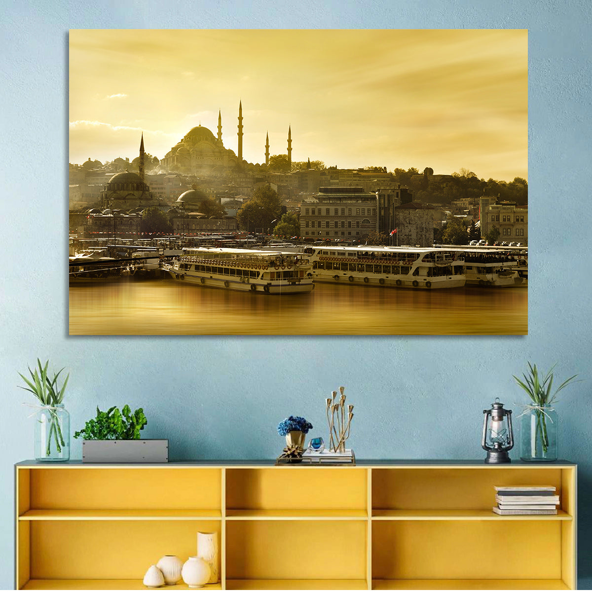 Suleymaniye Mosque Sunset Silhouette Wall Art in a room, landscape