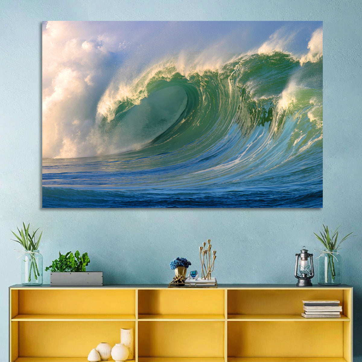 Golden Hour Barrel Wave Wall Art in a room, landscape