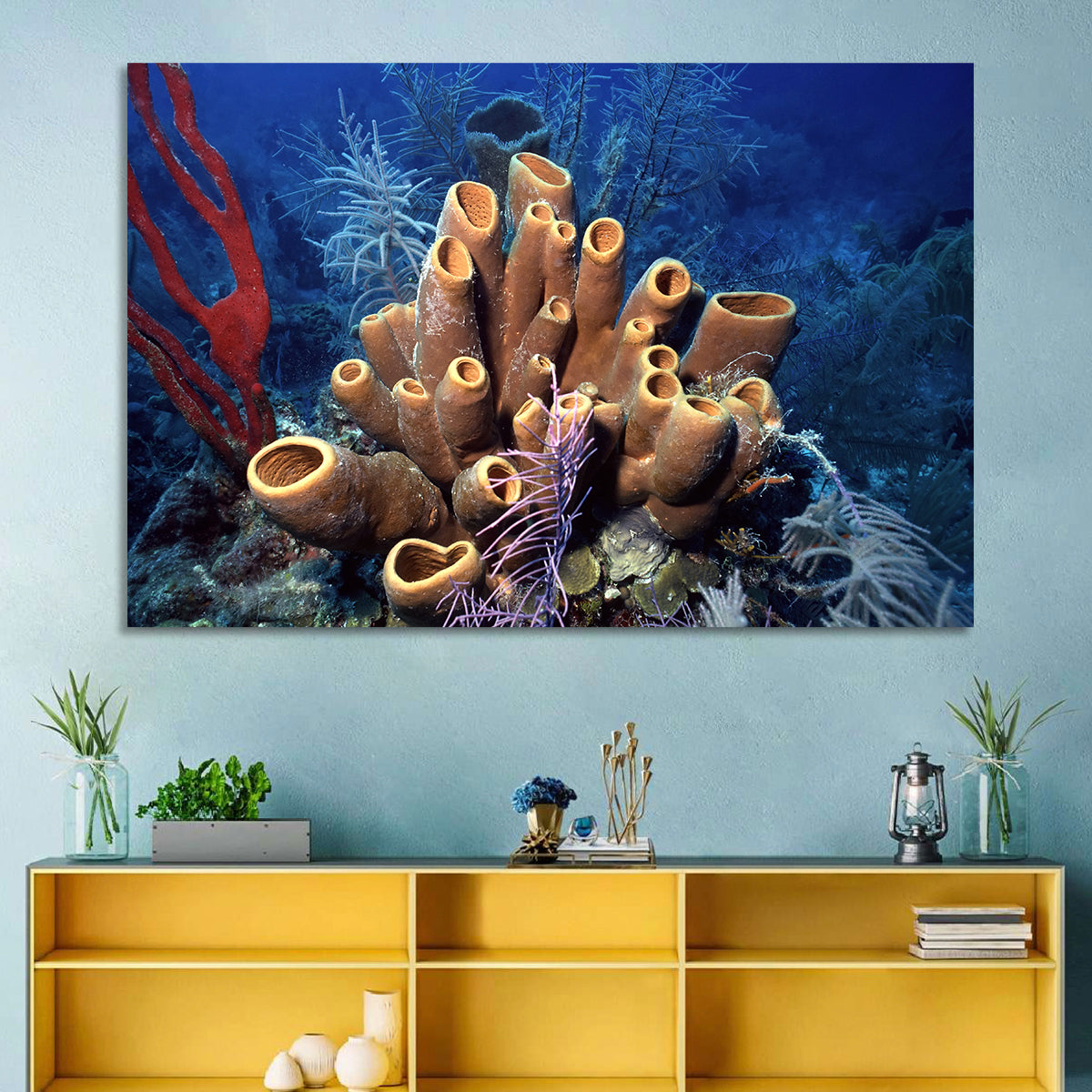 Belize Reef Sponge Scene Wall Art in a room, landscape