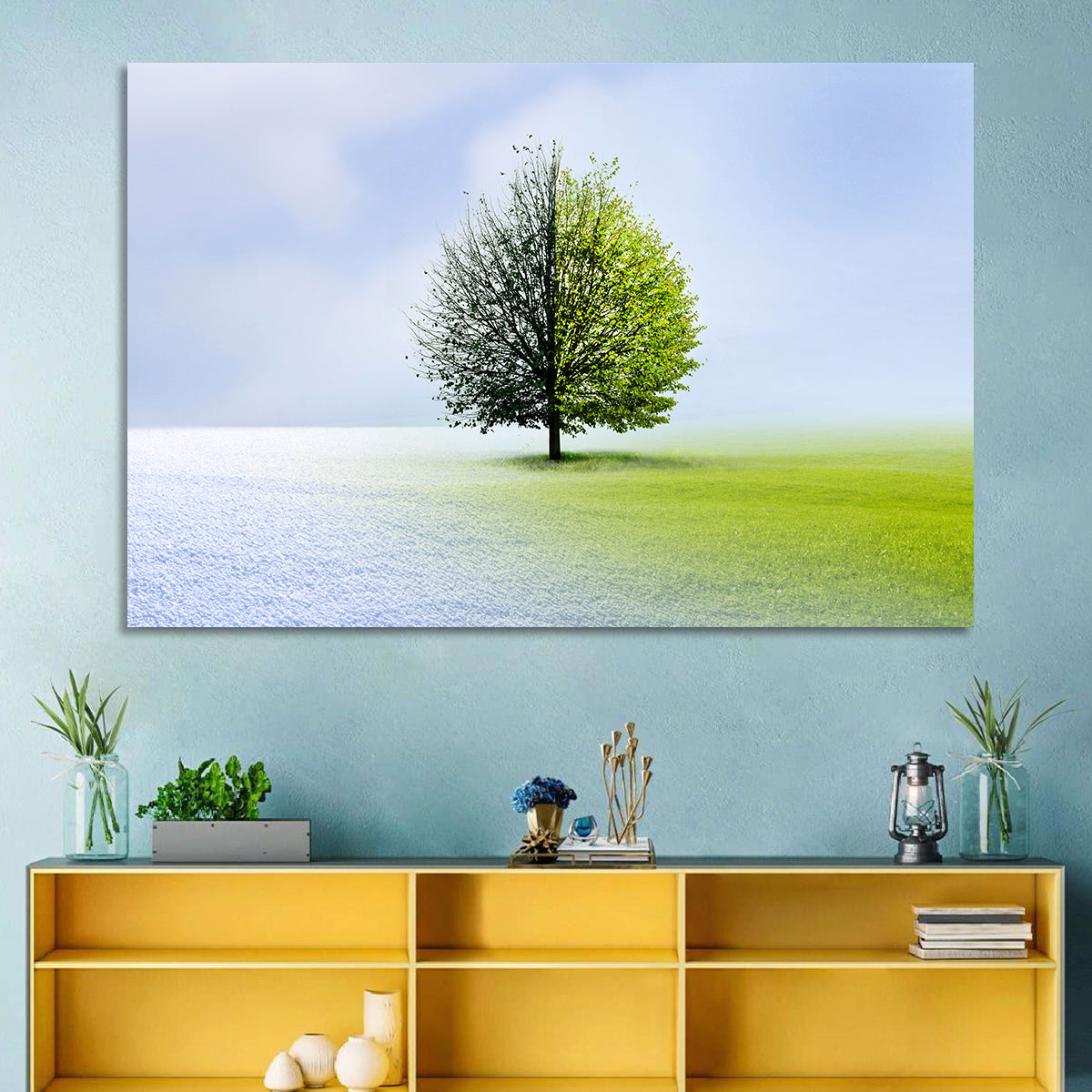 Winter to Spring Tree Wall Art in a room, landscape