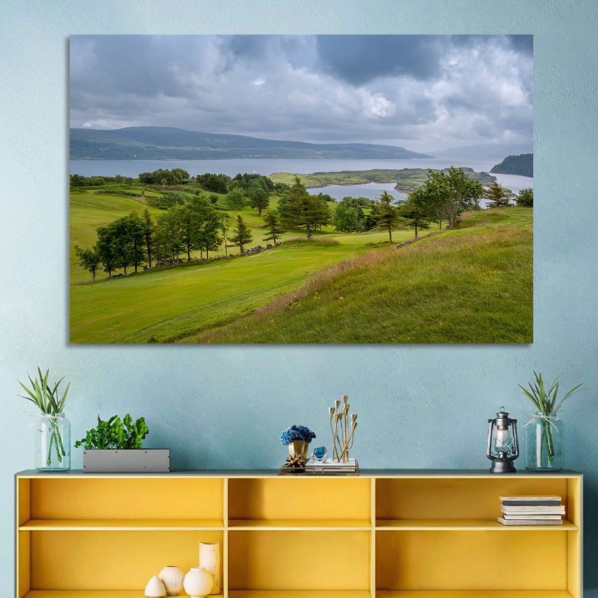 Tobermory Bay Coastal Hill Wall Art in a room, landscape
