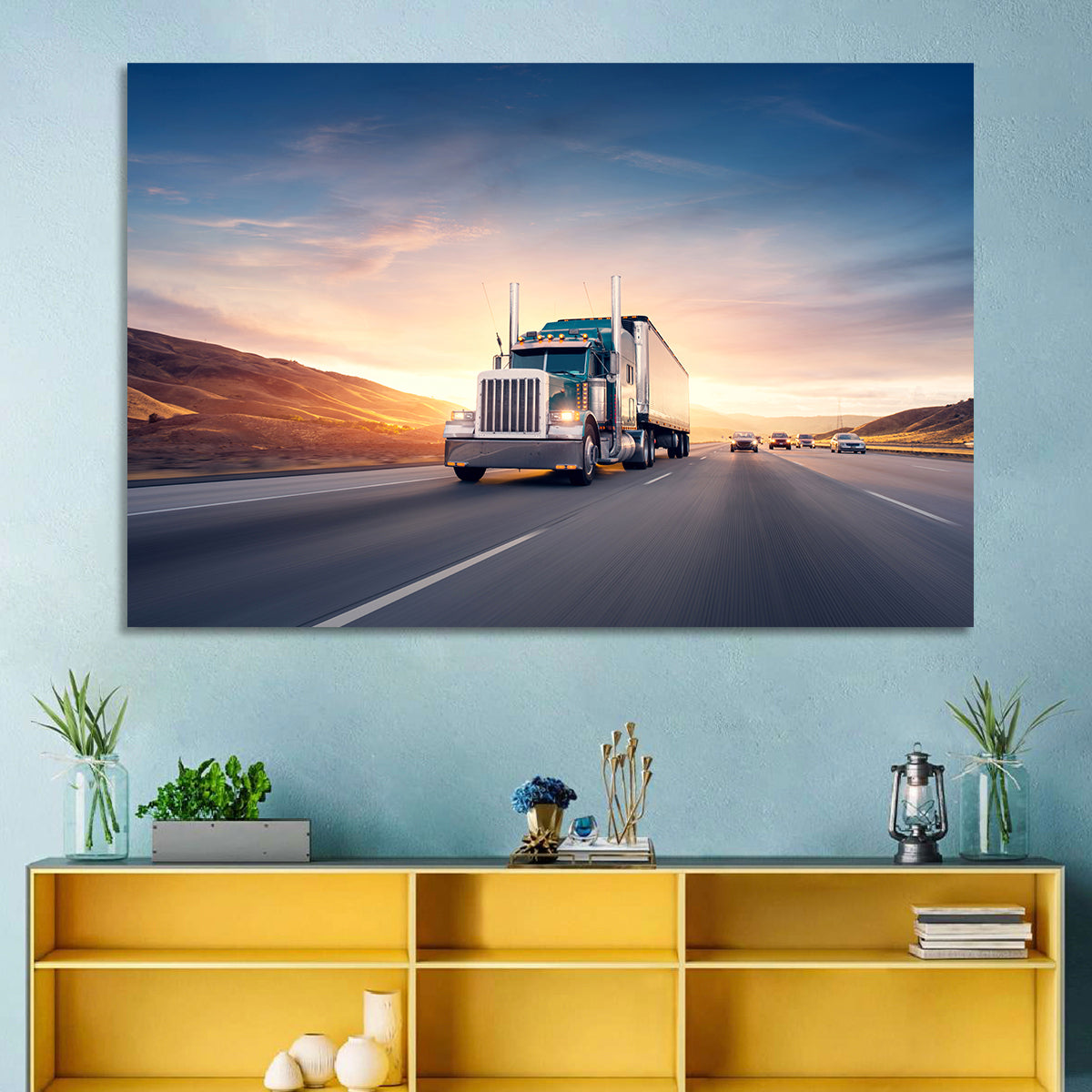 Semi Truck Highway Sunset Wall Art in a room, landscape
