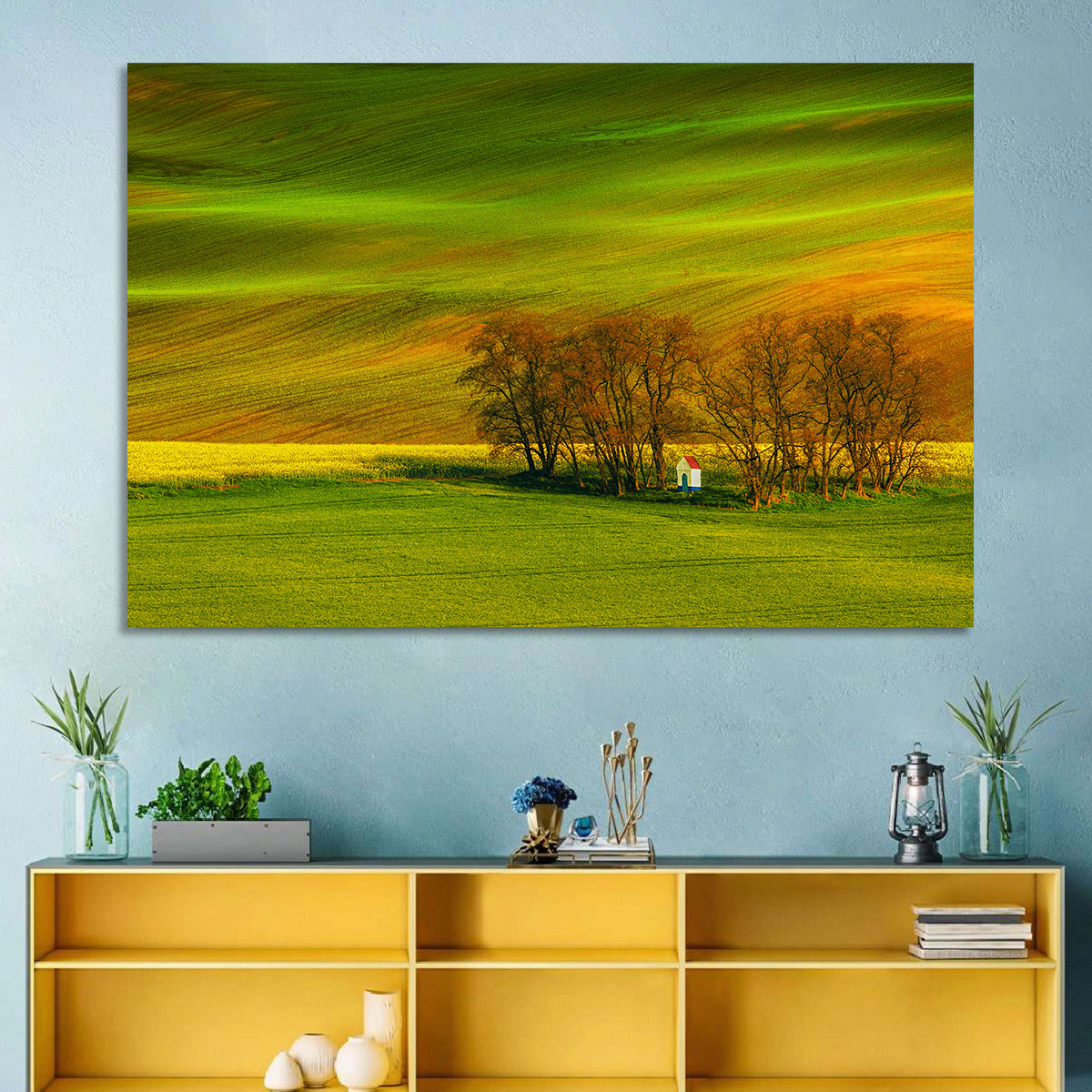 Moravian Wheat Fields with Chapel Wall Art in a room, landscape