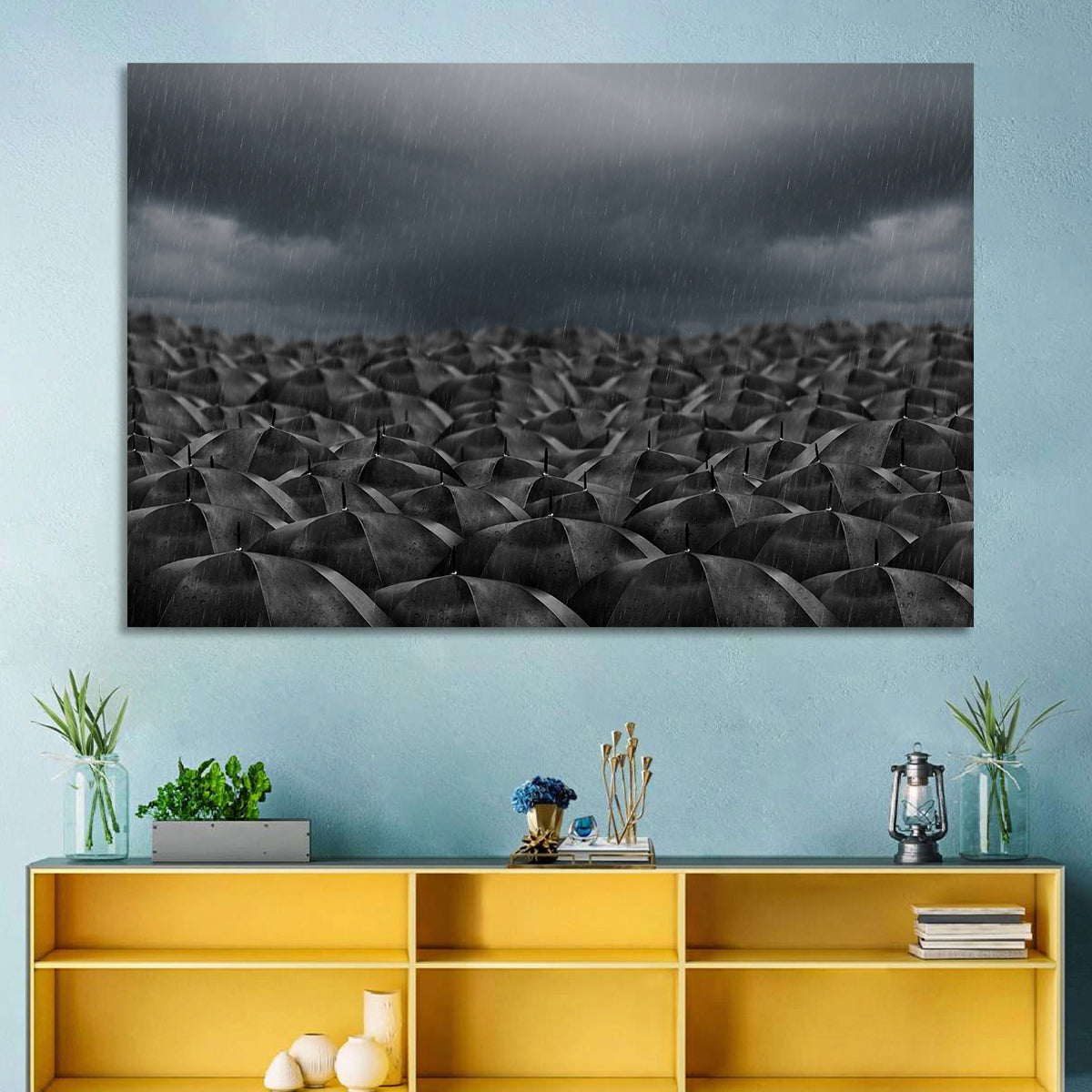 Clustered Umbrellas in Rain Wall Art in a room, landscape