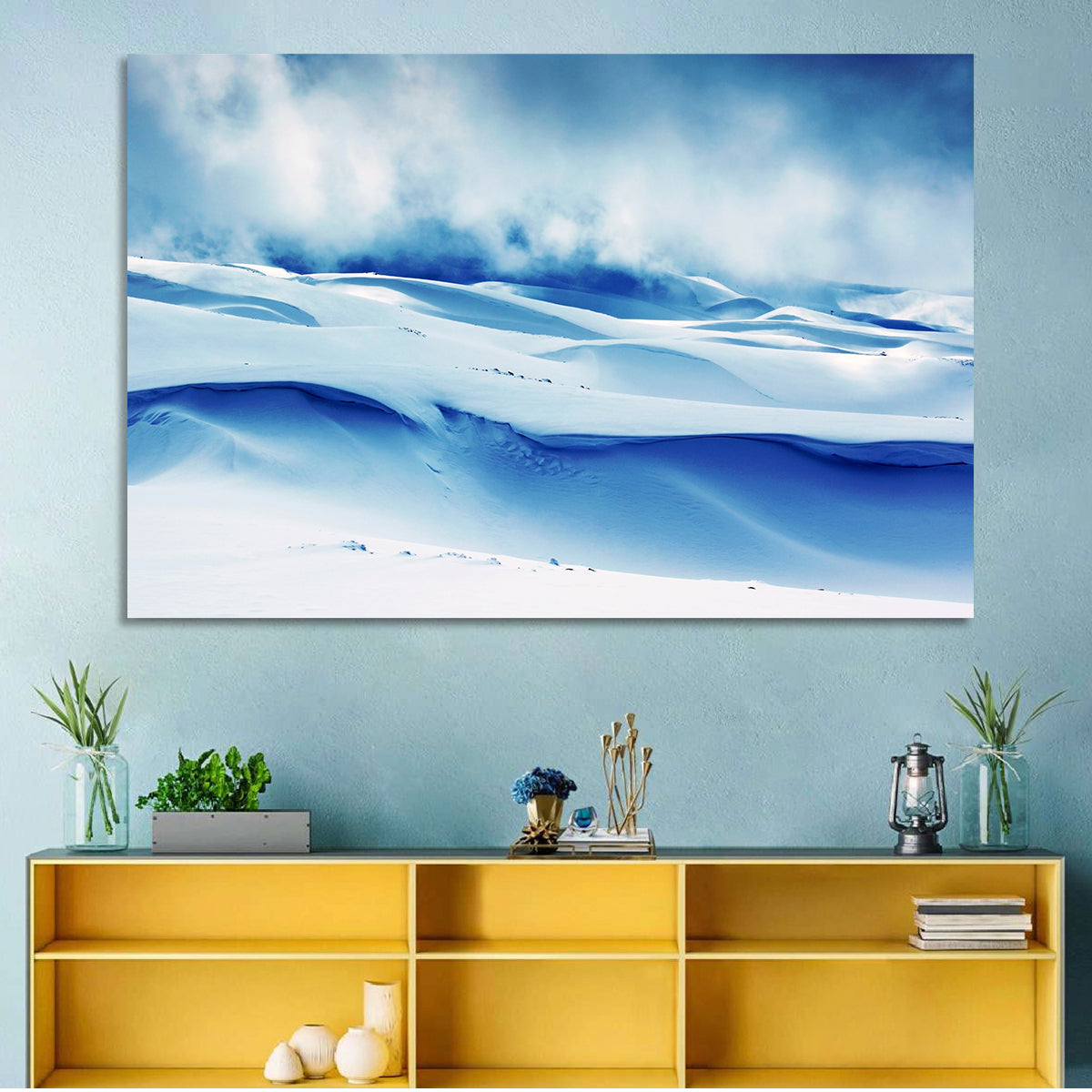 Wind-swept Snow Ridges Wall Art in a room, landscape