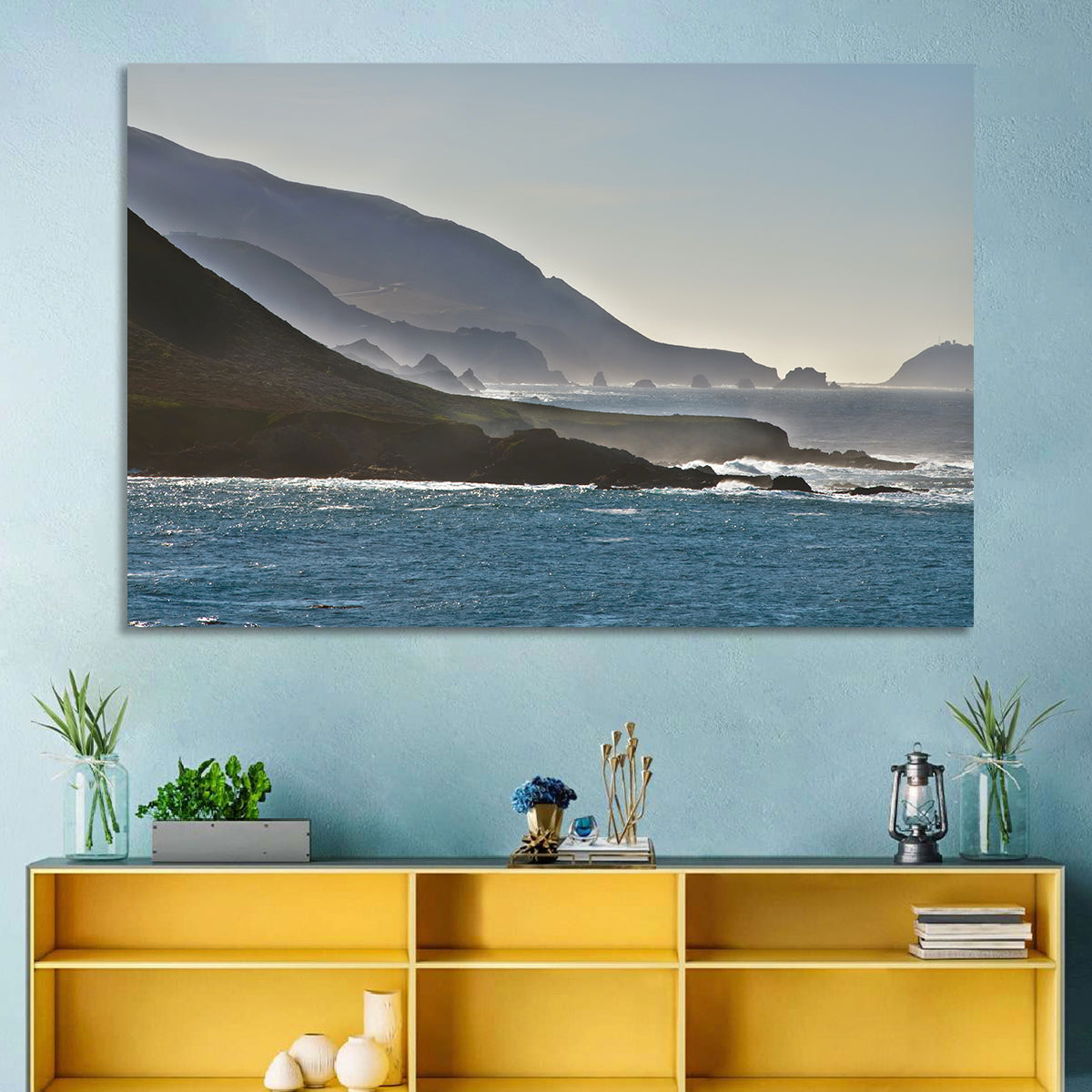 Misty Big Sur Coastline Wall Art in a room, landscape