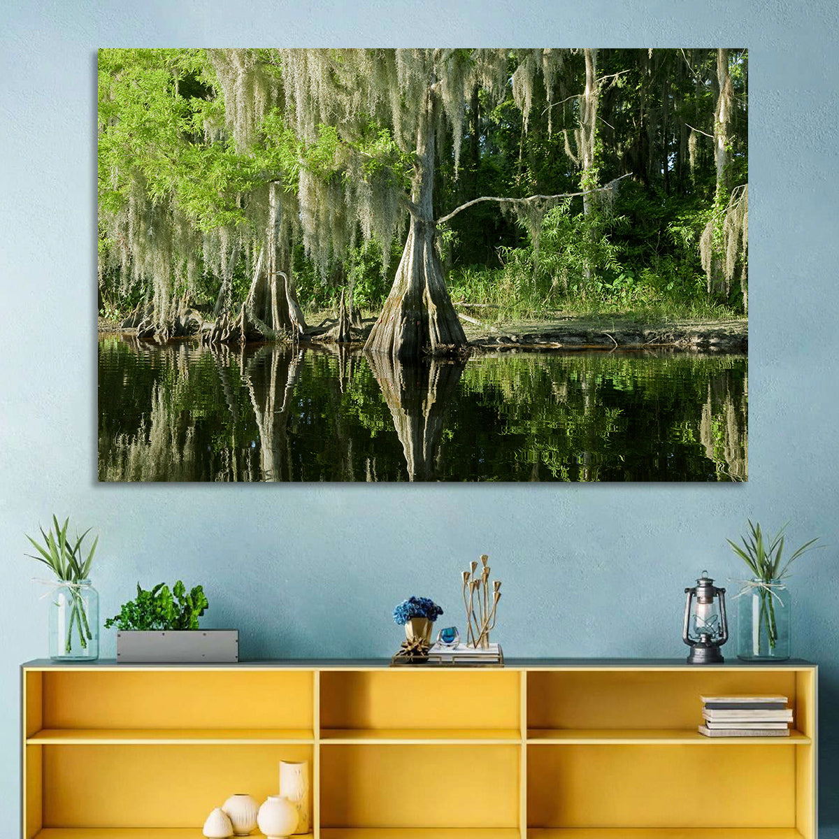 Bald Cypress and Great Blue Heron Wall Art in a room, landscape