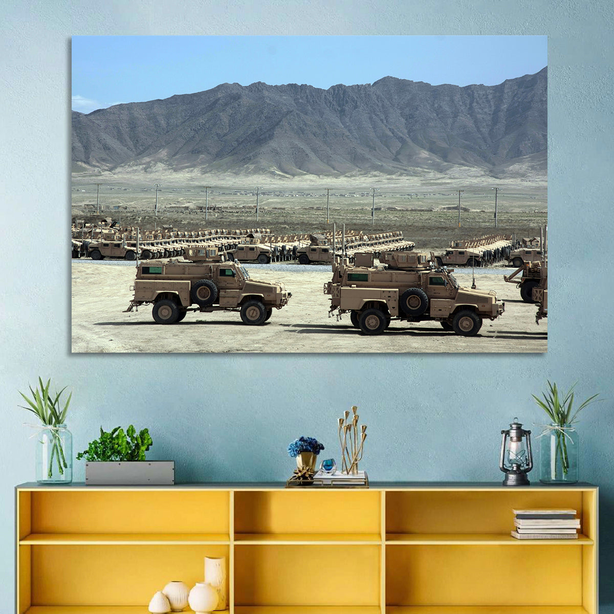 Mrap Vehicles in Desert Landscape Wall Art in a room, landscape