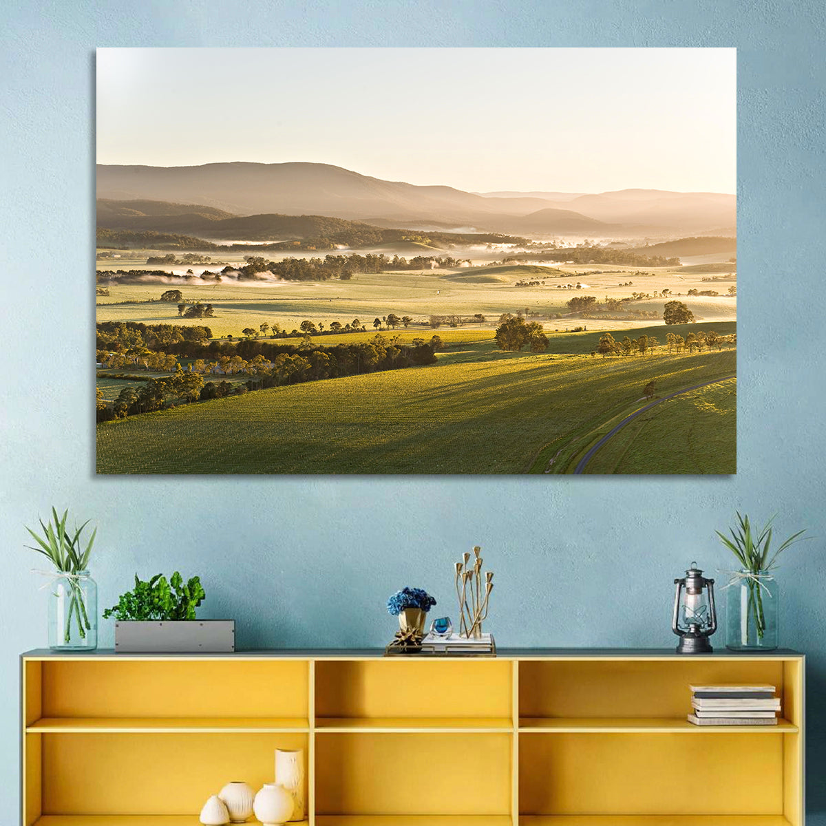 Yarra Valley Morning Mist Wall Art in a room, landscape
