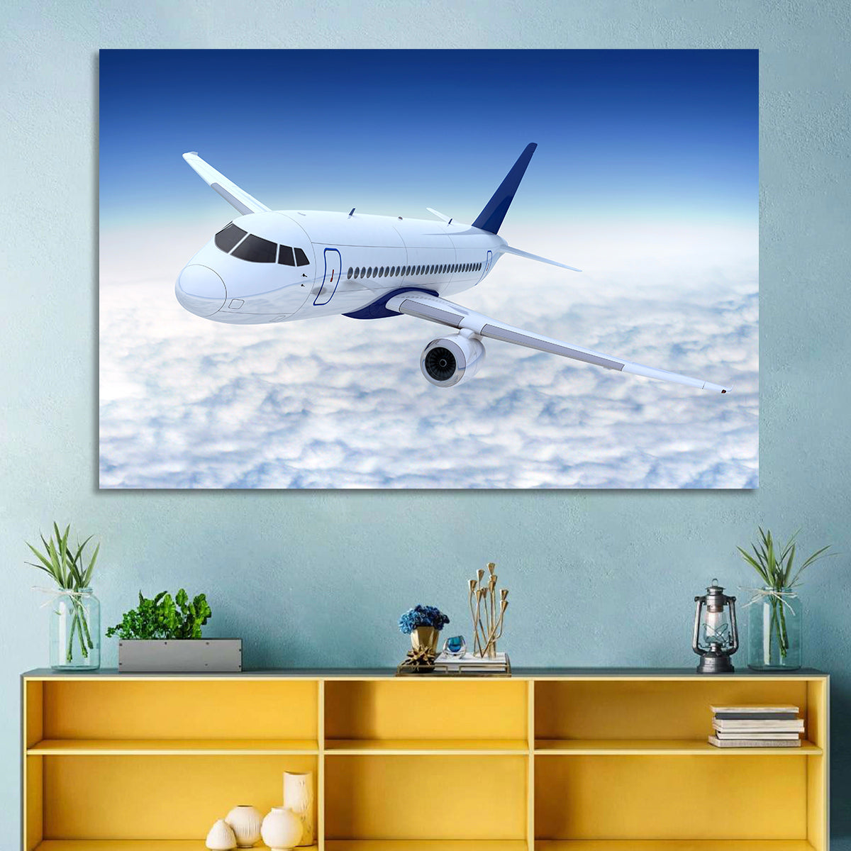 Commercial Jet Above Clouds Wall Art