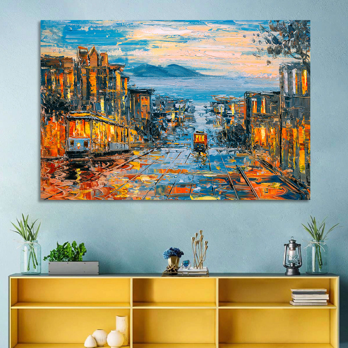 San Francisco Cable Car at Dusk Wall Art in a room, landscape