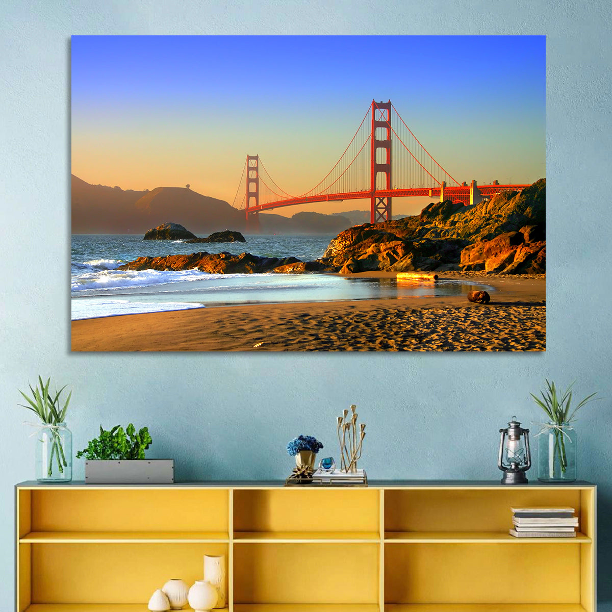 Golden Hour at the Golden Gate Bridge Wall Art in a room, landscape